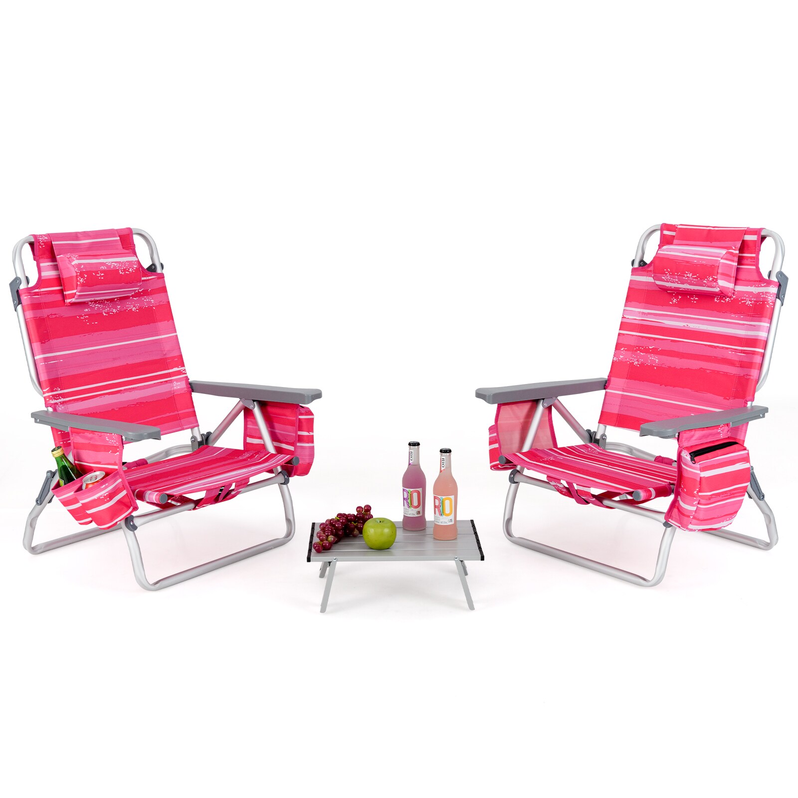 Volenca 2-Pack 5-Position Folding Backpack Beach Chair Set with Side Table and Cup Holders 300-lb