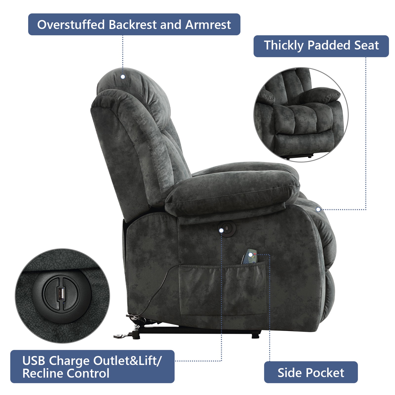 Canmov Power Lift Massage Recliner Gray Velvet Powered Reclining ...