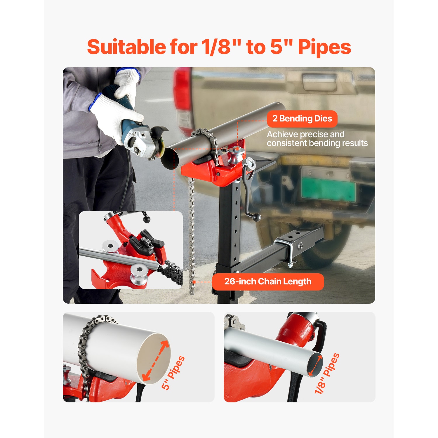 Heavy-Duty Pipe Chain Vise, 1/8" - 5" Pipe Capacity, 26" Rugged Chain & Ca