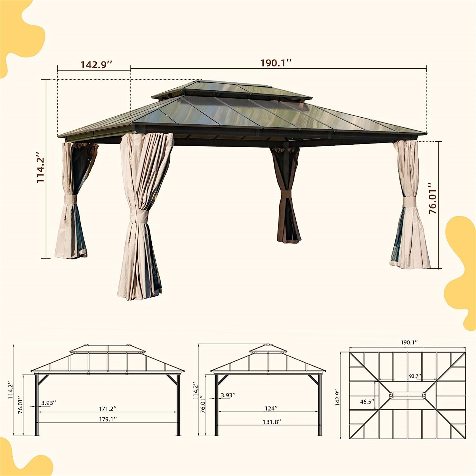Lucio 12x16ft Brown Aluminum Hardtop Patio Gazebo with Curtains