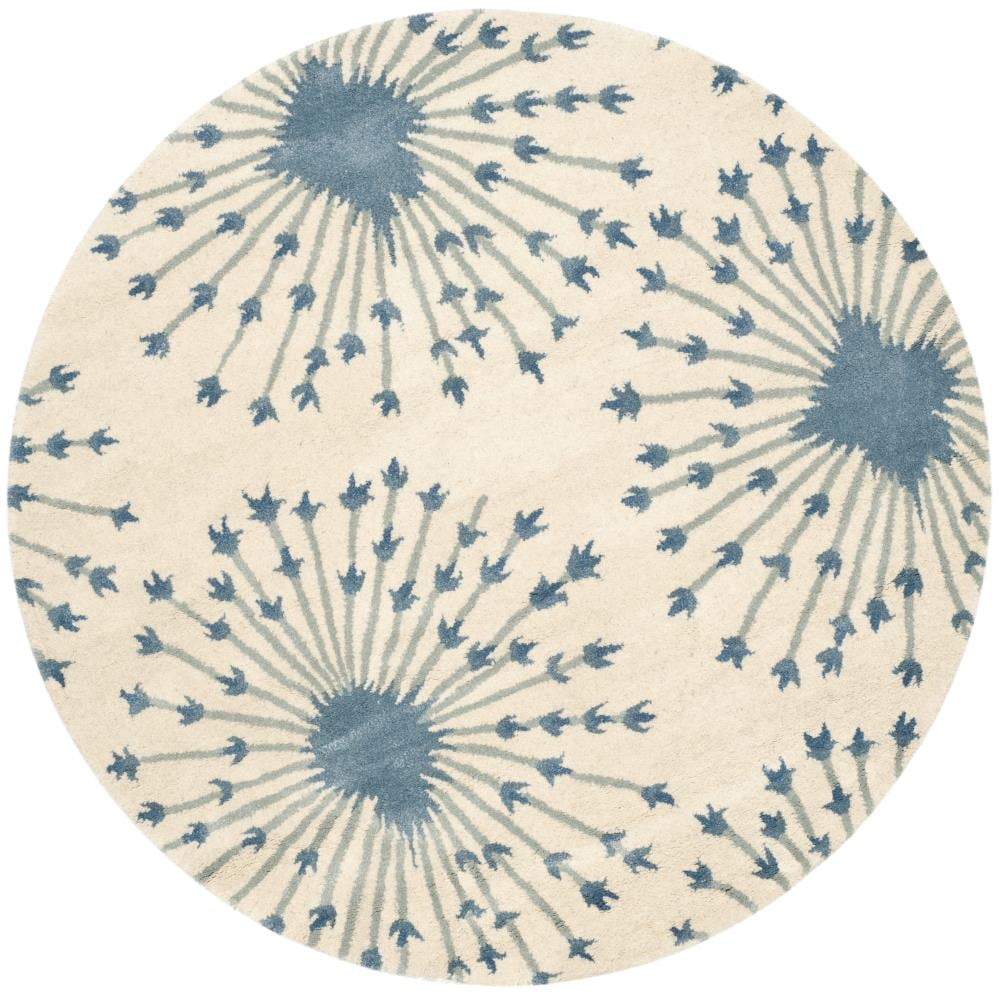 Safavieh BEL123B-5R Bella Spokes 5 x 5 (ft) Tufted Wool Beige/Blue Round Indoor Floral/Botanical Farmhouse/Cottage Area rug