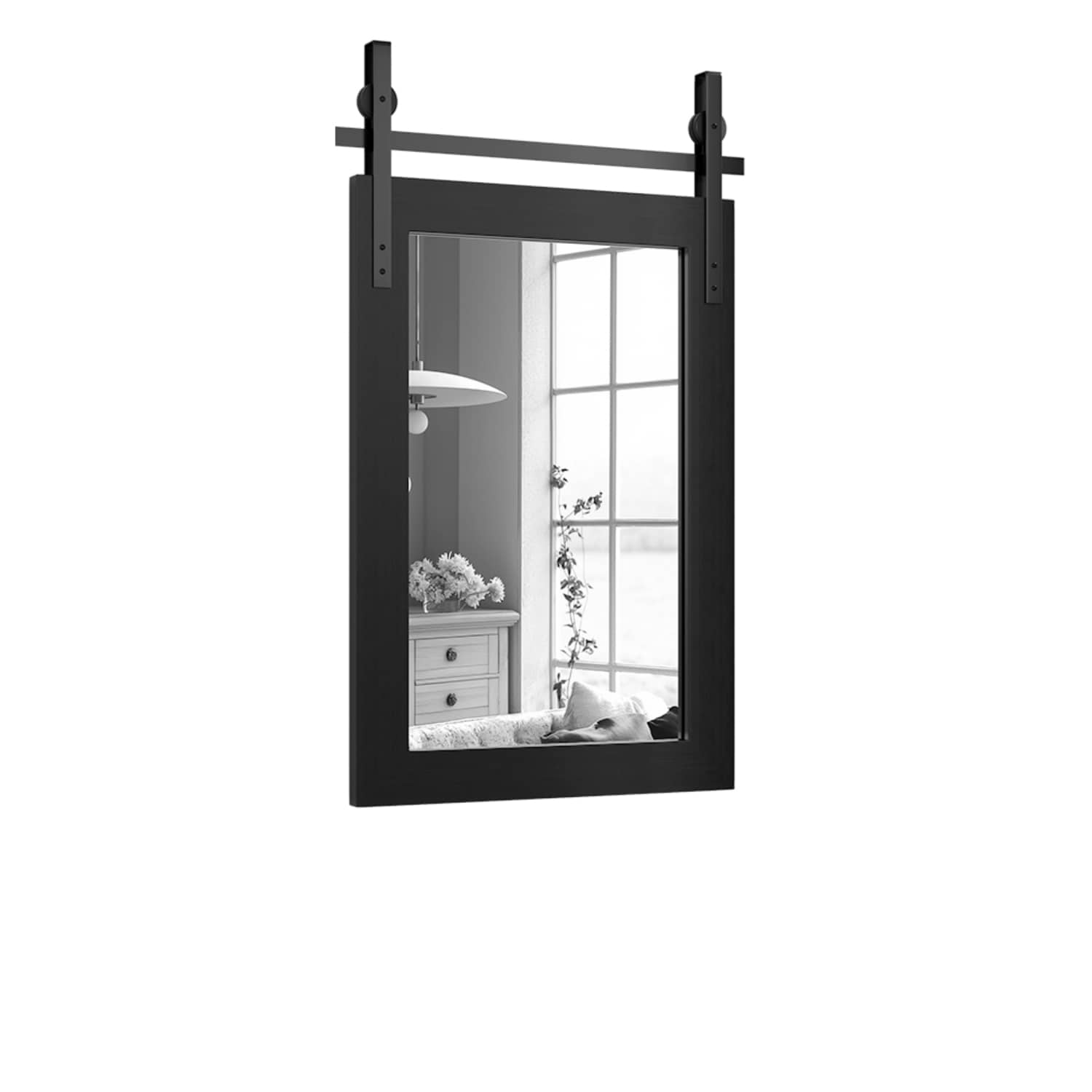 Wooakway 18in x 26in Farmhouse Bathroom Vanity Mirror Rustic Black Faux Wood Framed Wall Mirror Barn Door Style Tempered Glass Wall Mounted Mirror Scratch Resistant Decorative Mirror For Bathroom Bedroom Entryway