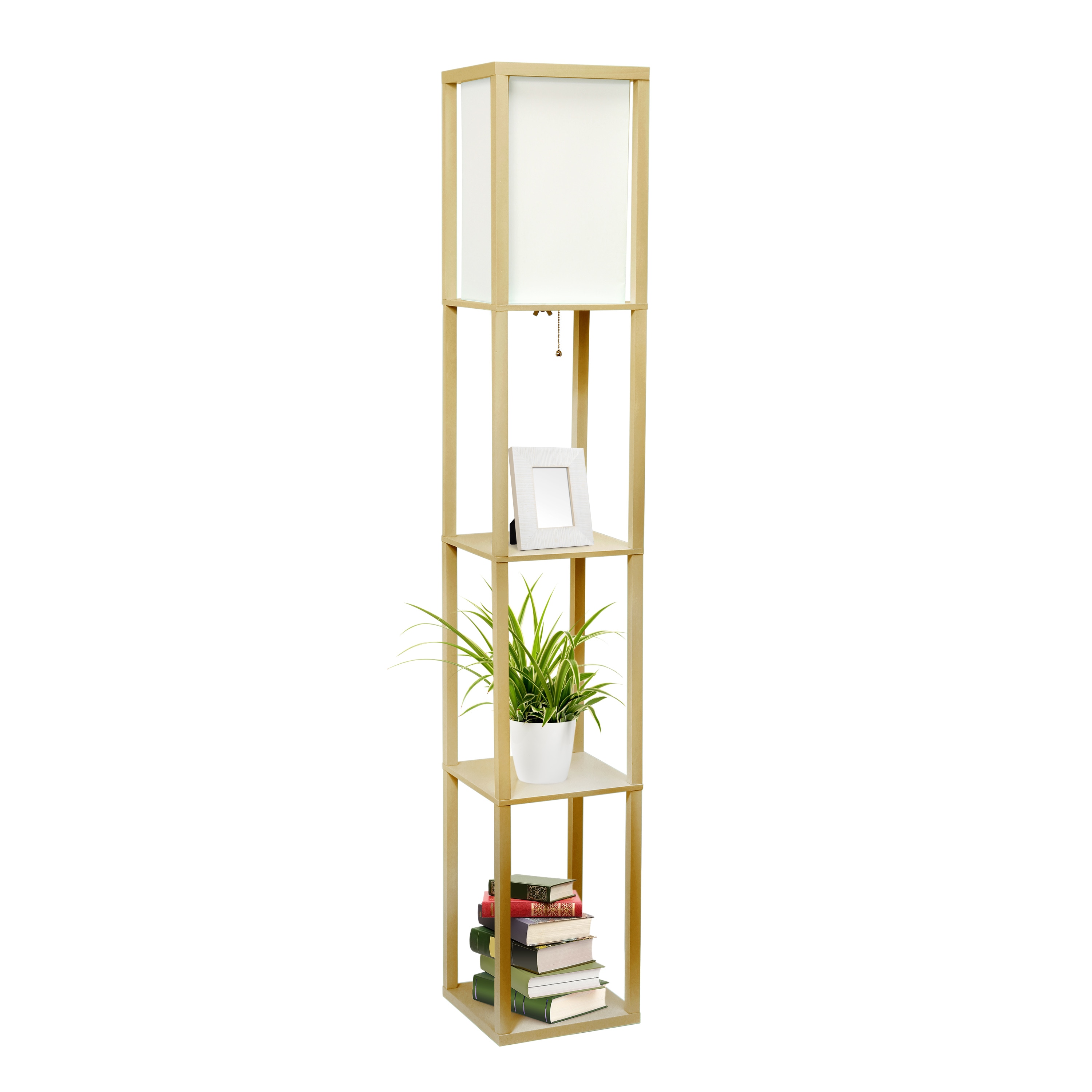 Tan Mixed Material Shelf Floor Lamp with Linen Shade