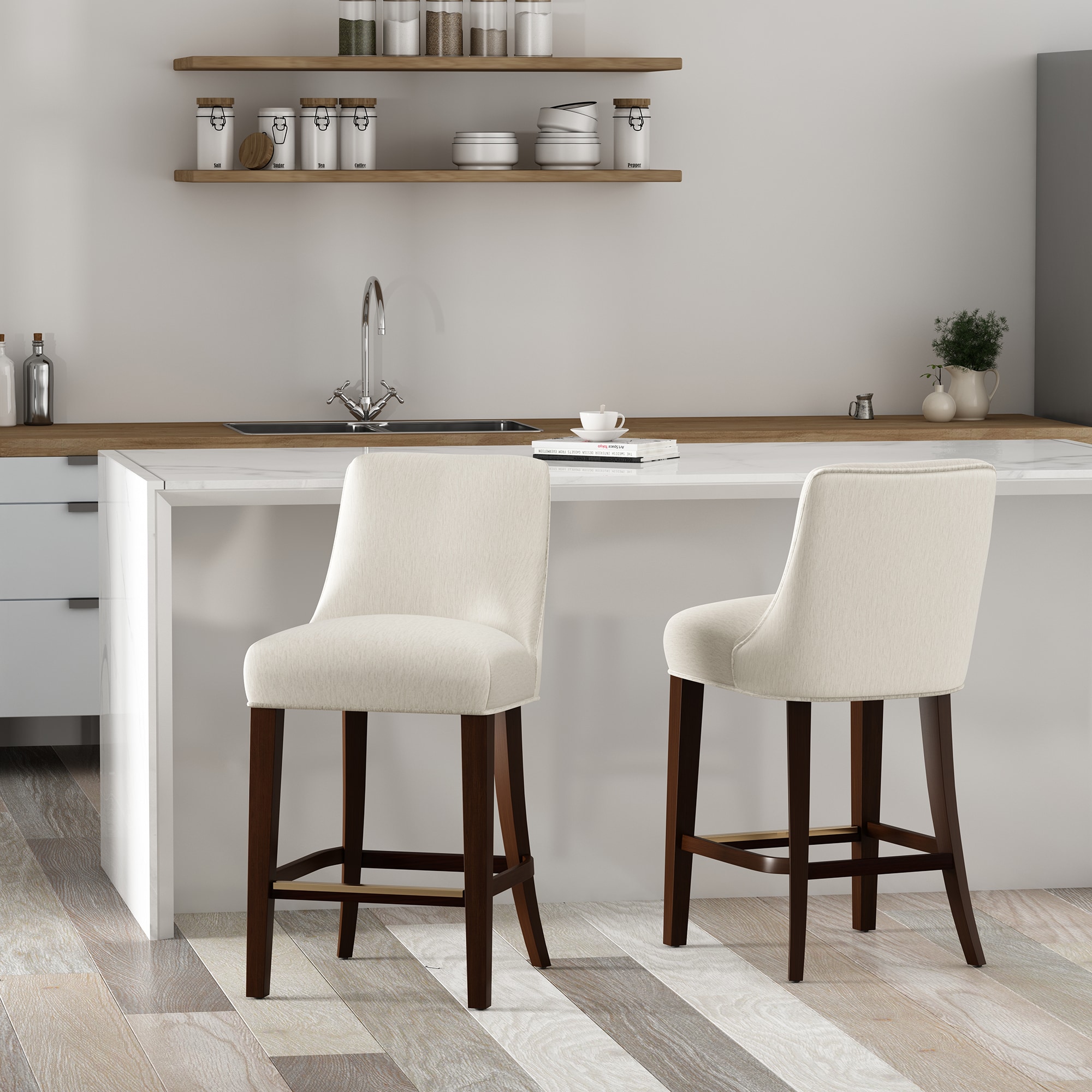 Manhattan Comfort 2-CS024-CR Beever 2 -Set White 27.4-in H Counter height Square seat Upholstered Wood Bar Stool and Back