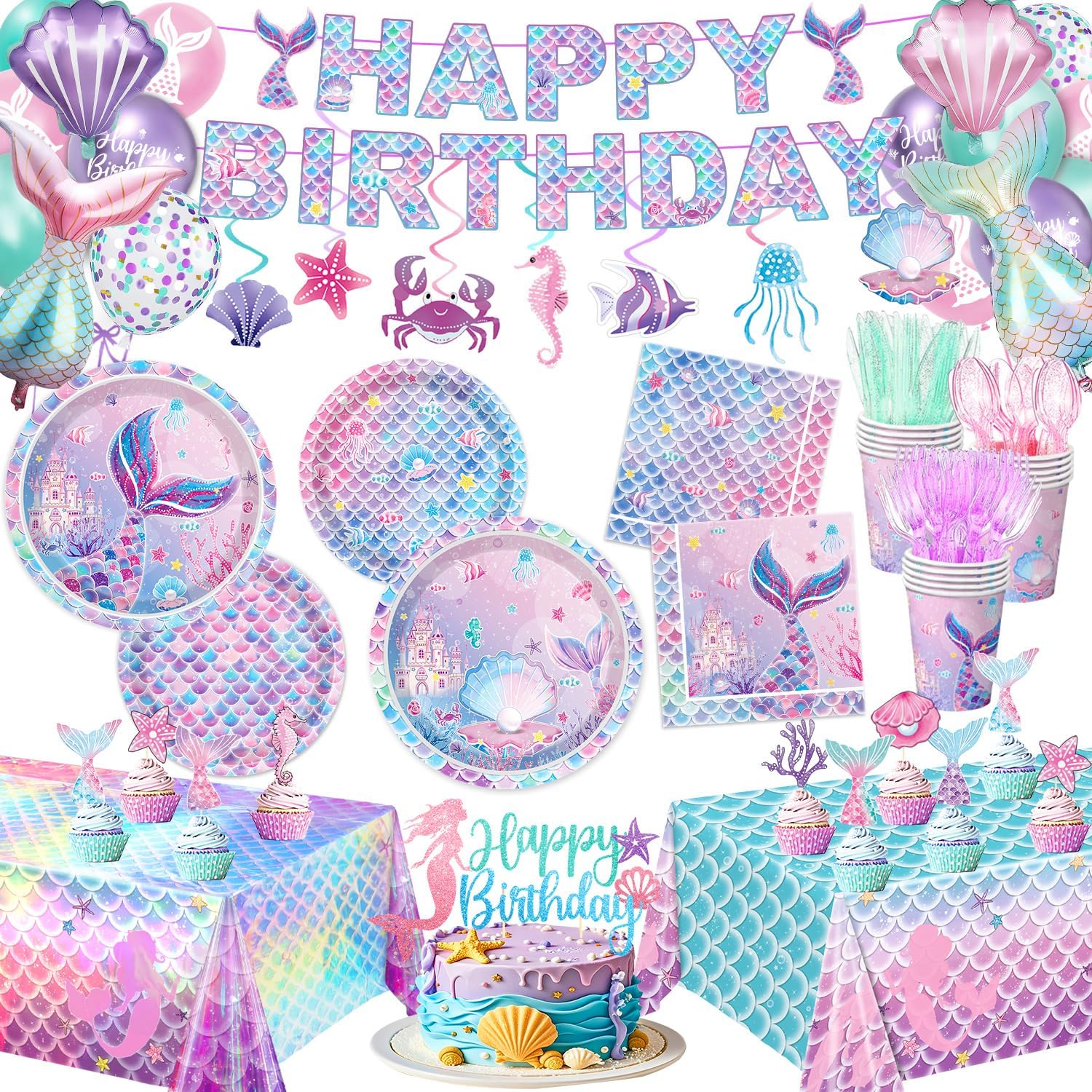 TONIFUL B0F2461D1F Mermaid Birthday Decorations Include Plates - Napkins Cups Cutlery Hanging Swirls Banner Cake - Cupcake Toppers Balloons Tablecloth for Mermaid Party Decorations - Serve 20