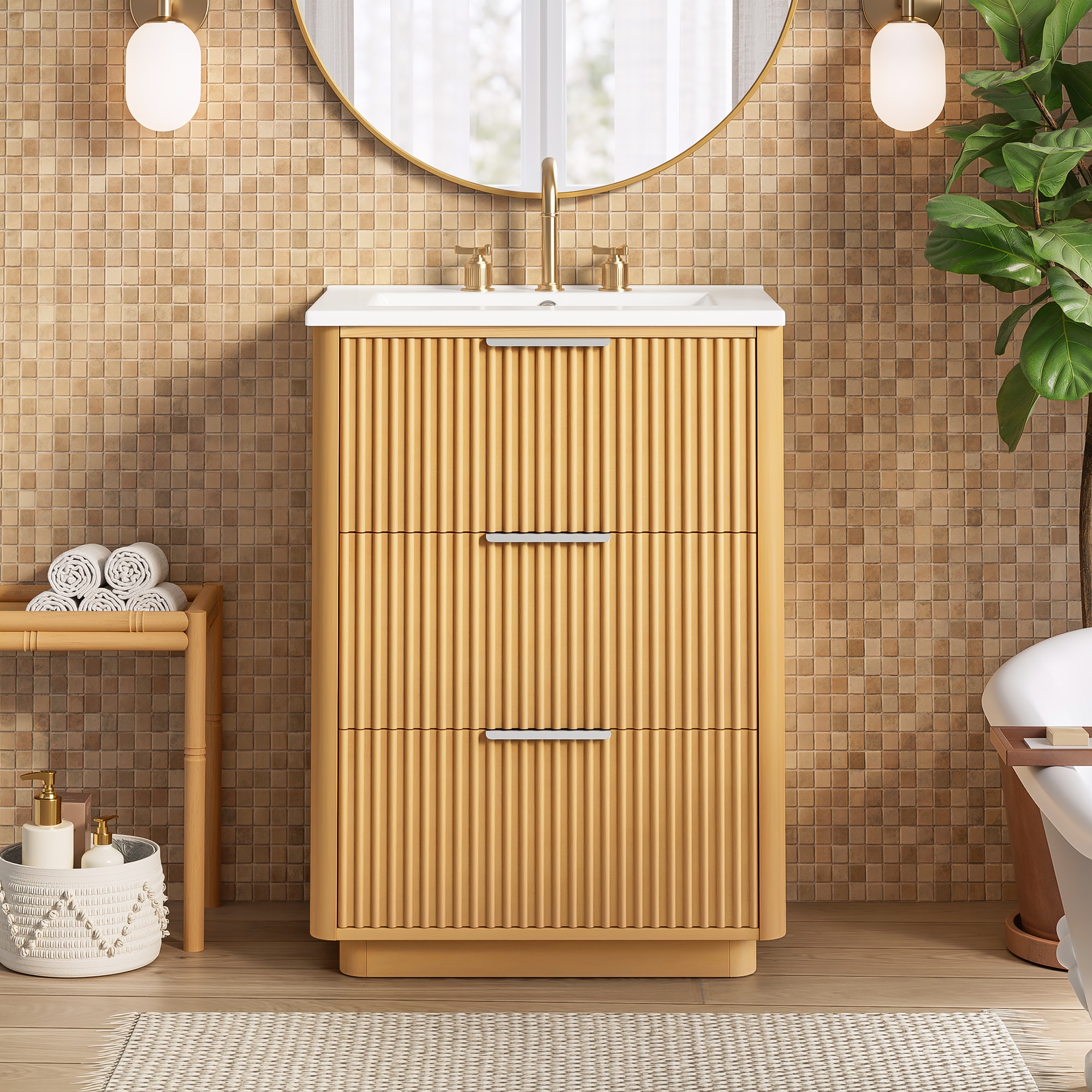 KTMBDW Modern Bathroom Vanity with Ceramic Sink - 24-in Undermount Vanity Sink Cabinet with 3 Drawers - Free Standing Bathroom Storage Cabinet -Brown