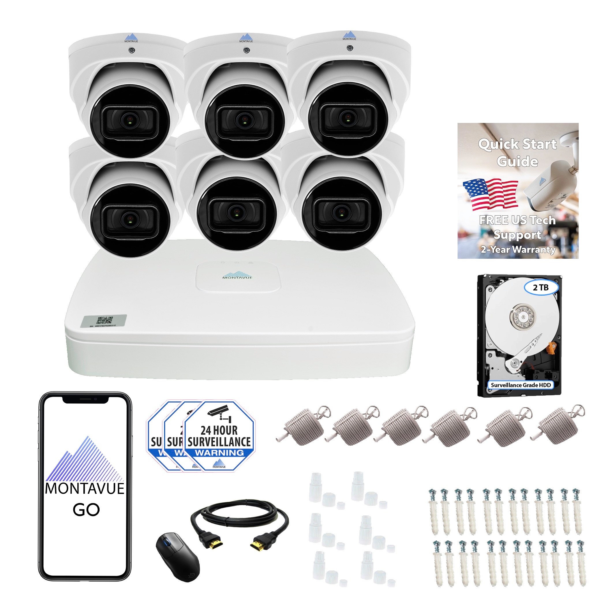 Montavue MTIP8082-64KT-W 8105 Indoor/Outdoor 6-Camera 4K Hardwired Dome 2Tb Hard Drive Security Camera System