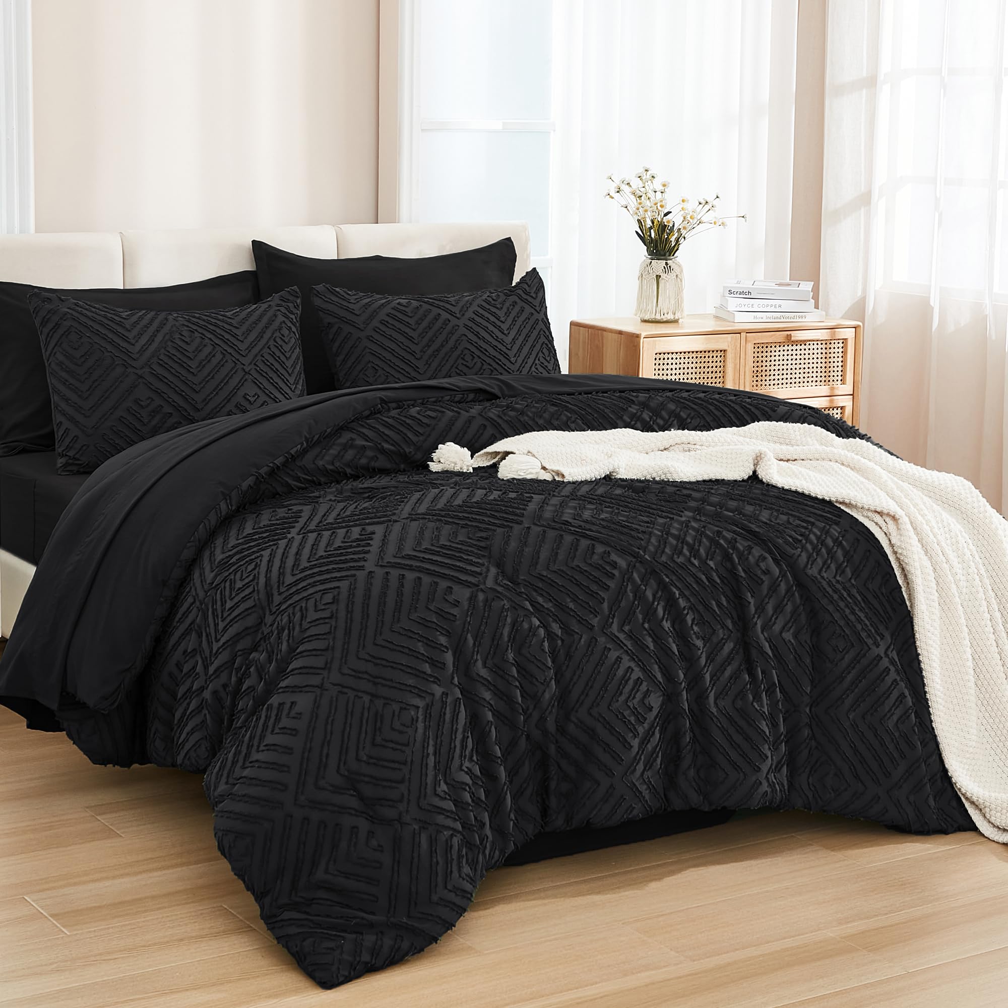 WZKZLH Black Oversized King 120in x 98in Size Boho Tufted Bed In A Bag Bedding Set Lightweight Brushed Microfiber Soft All Season Easy Care