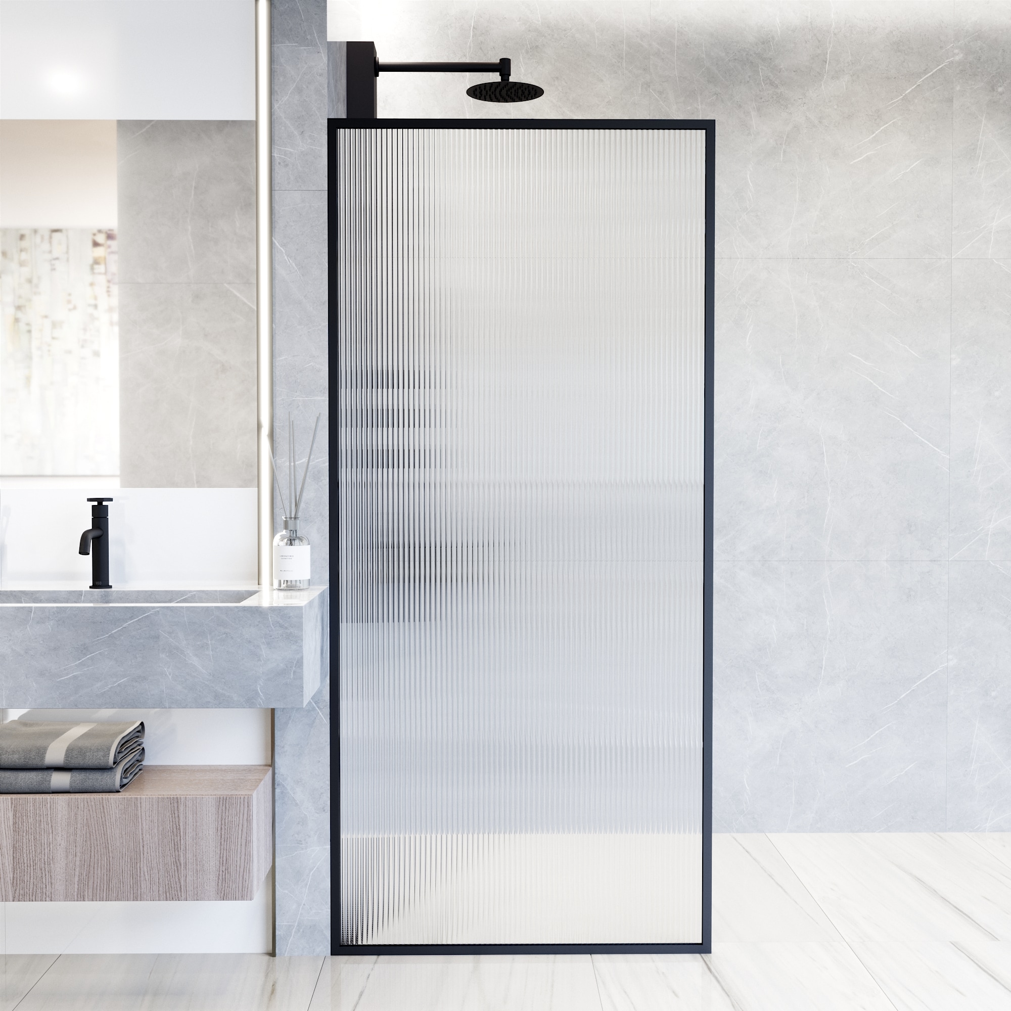 VIGO VG6077MBFL3474 Meridian Matte Black 34-in W x 74-in H Framed Fixed Shower Door 3/8-in Thick Patterned Glass