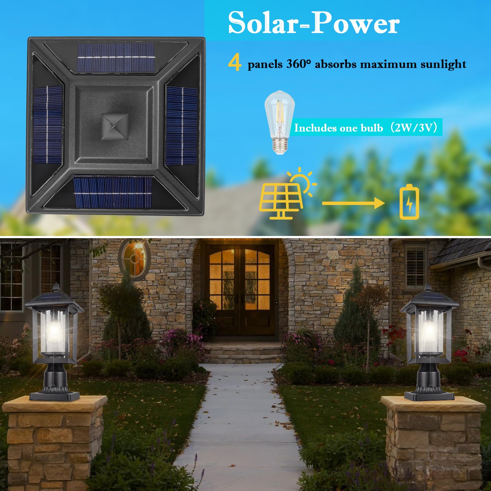 IUEST Solar Lamp Post Light Waterproof Metal and Glass Outdoor LED ...
