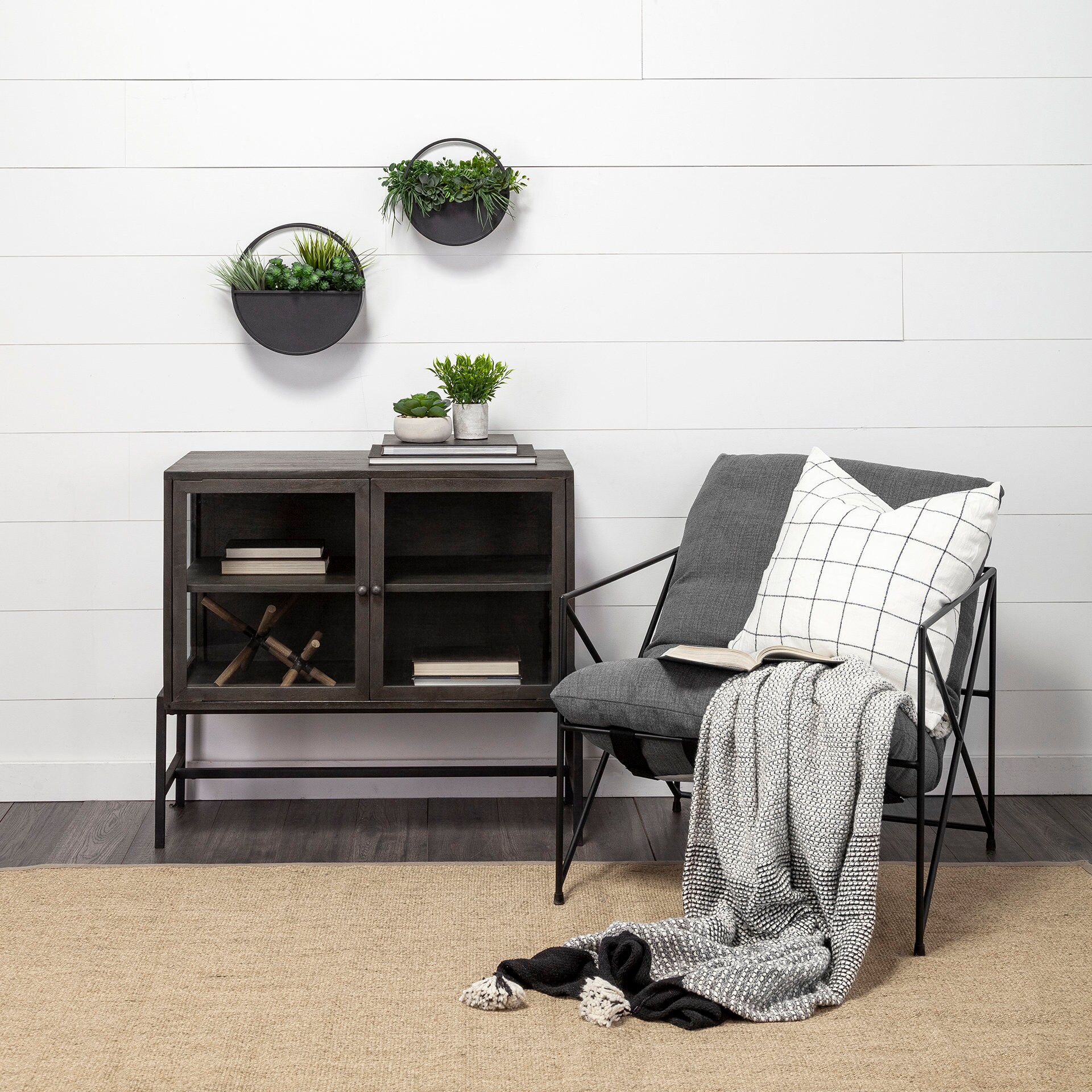 Leonidas Gray Fabric and Black Metal Accent Chair