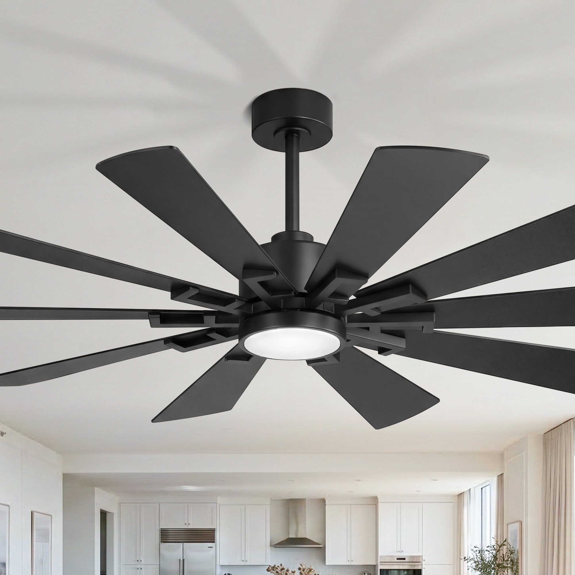 Breezary Commercial Grade 72-in Black with Black and Wood Grain Blades LED Ceiling Fan With Light and Remote Control Included 10 -Blade