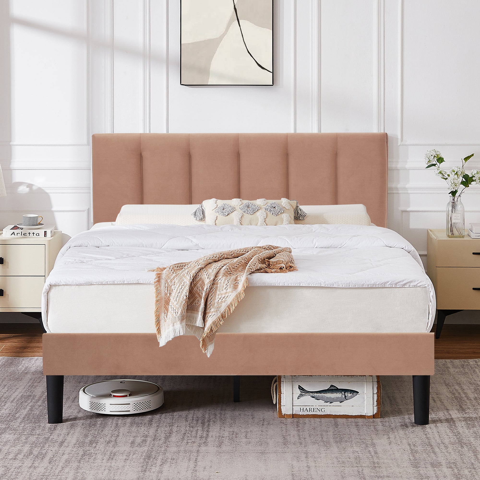 Vecelo LOE-CY-QB04-CFE Queen Bed Frame with Upholstered Adjustable Headboard Heavy Duty Platform Bed Frame with Strong Wooden Slats Support Coffee