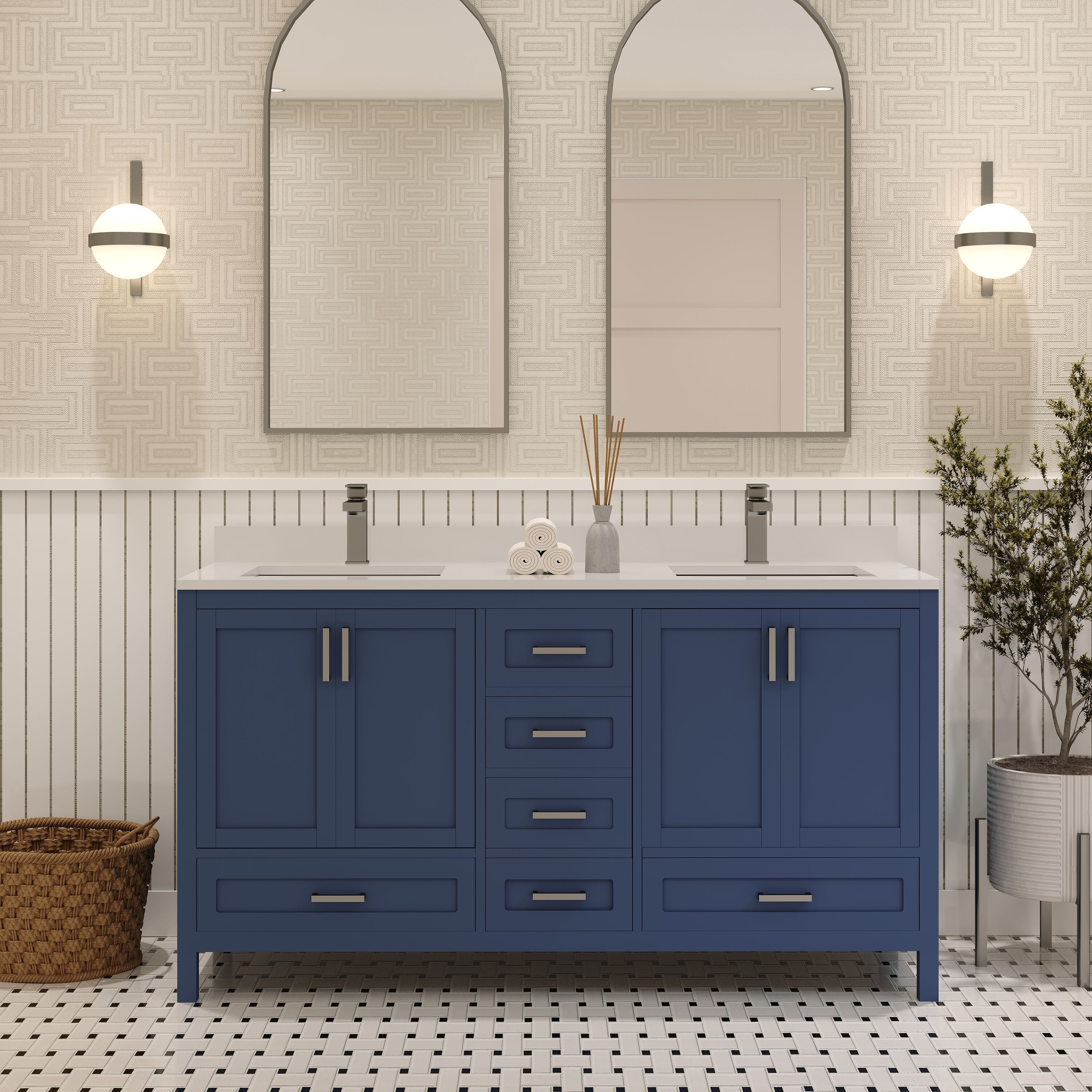 Ayna Decors AVR60NB3002 60-in Navy Blue Undermount Double Sink Bathroom Vanity with White Quartz Top