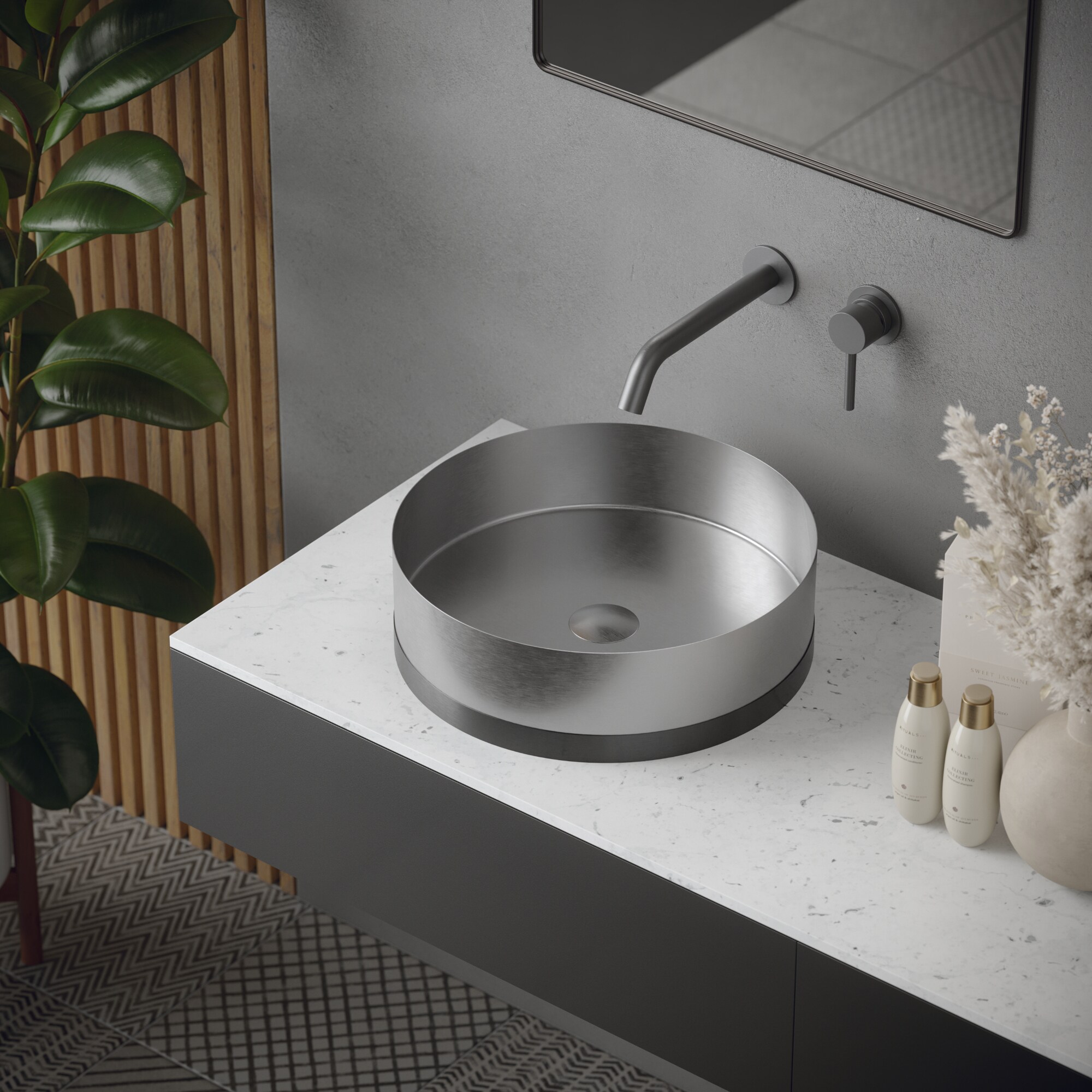 Karran CCV300SS Stainless steel Vessel Round Traditional Stainless Steel / Gunmetal Grey Bathroom Sink with Drain Included ( 15.75-in x 15.75-in )