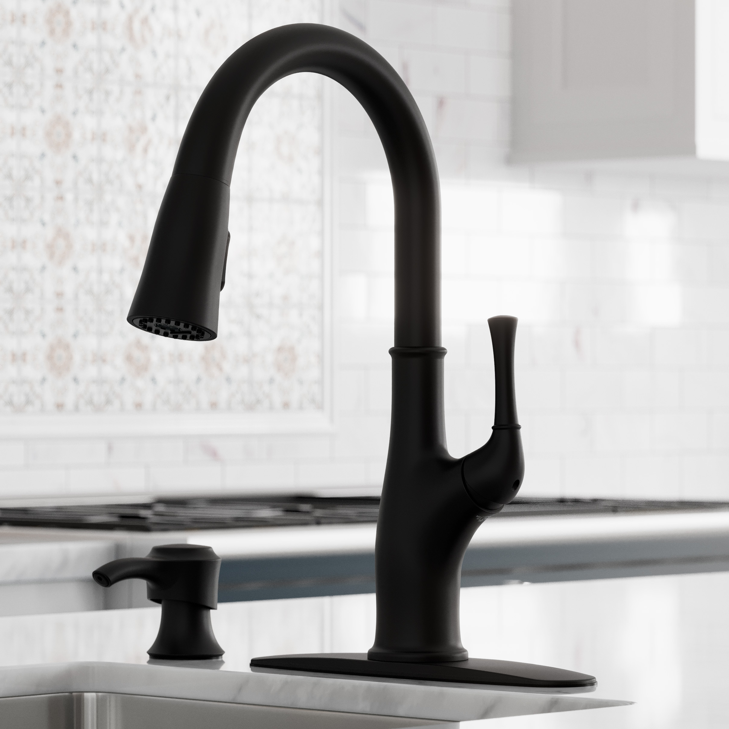 Pfister F-529-7AWB Alderwood Matte Black Single Handle Deck-mount Kitchen Faucet with Sprayer ( Deck Plate Included ) (Soap Dispenser Included)
