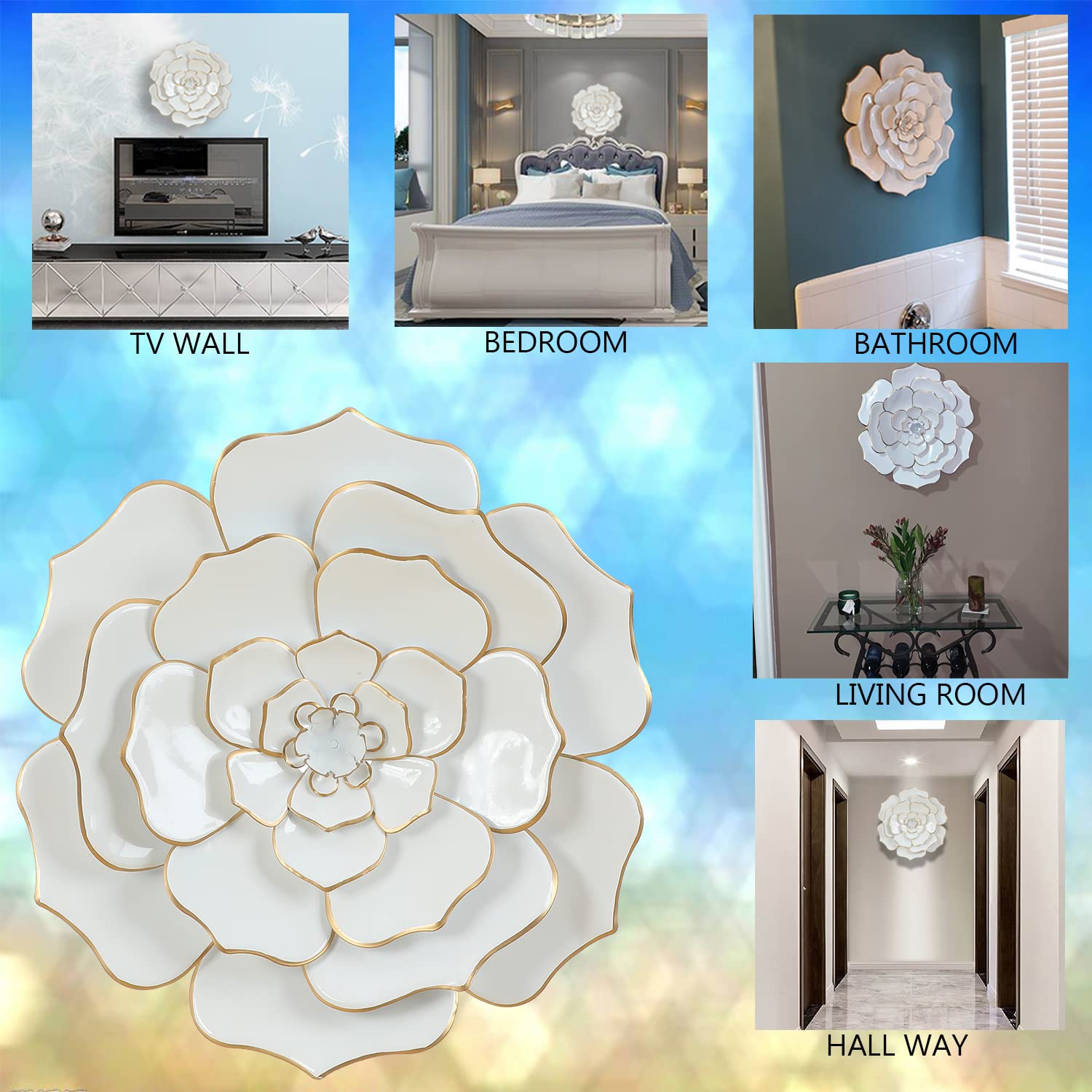 24-Inch White and Gold Iron Flower Wall Sculpture