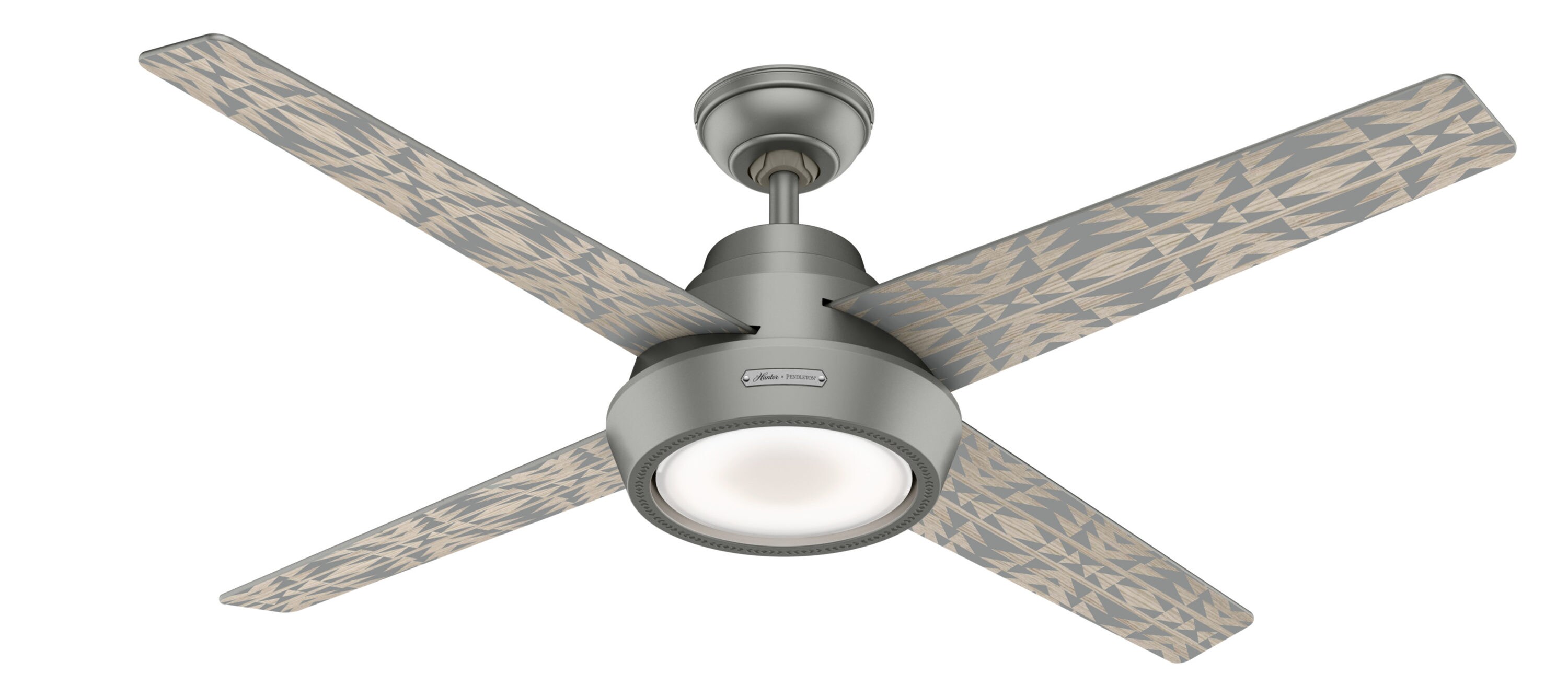 Hunter 59390 Pendleton Canyon Lands and Pecos 54-in Matte Silver Integrated LED Indoor Downrod or Flush Mount Ceiling Fan with Light and Remote (4-Blade)