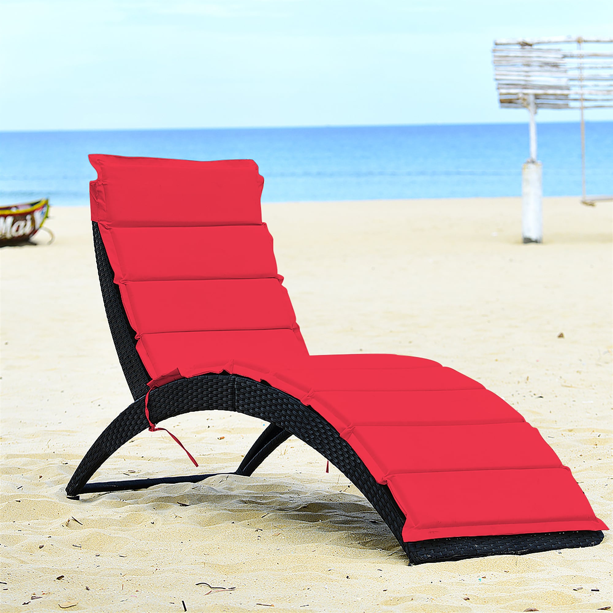 Costway Folding Patio Rattan Lounge Chair Chaise Cushioned Portable Garden Lawn Red | CSHY005886