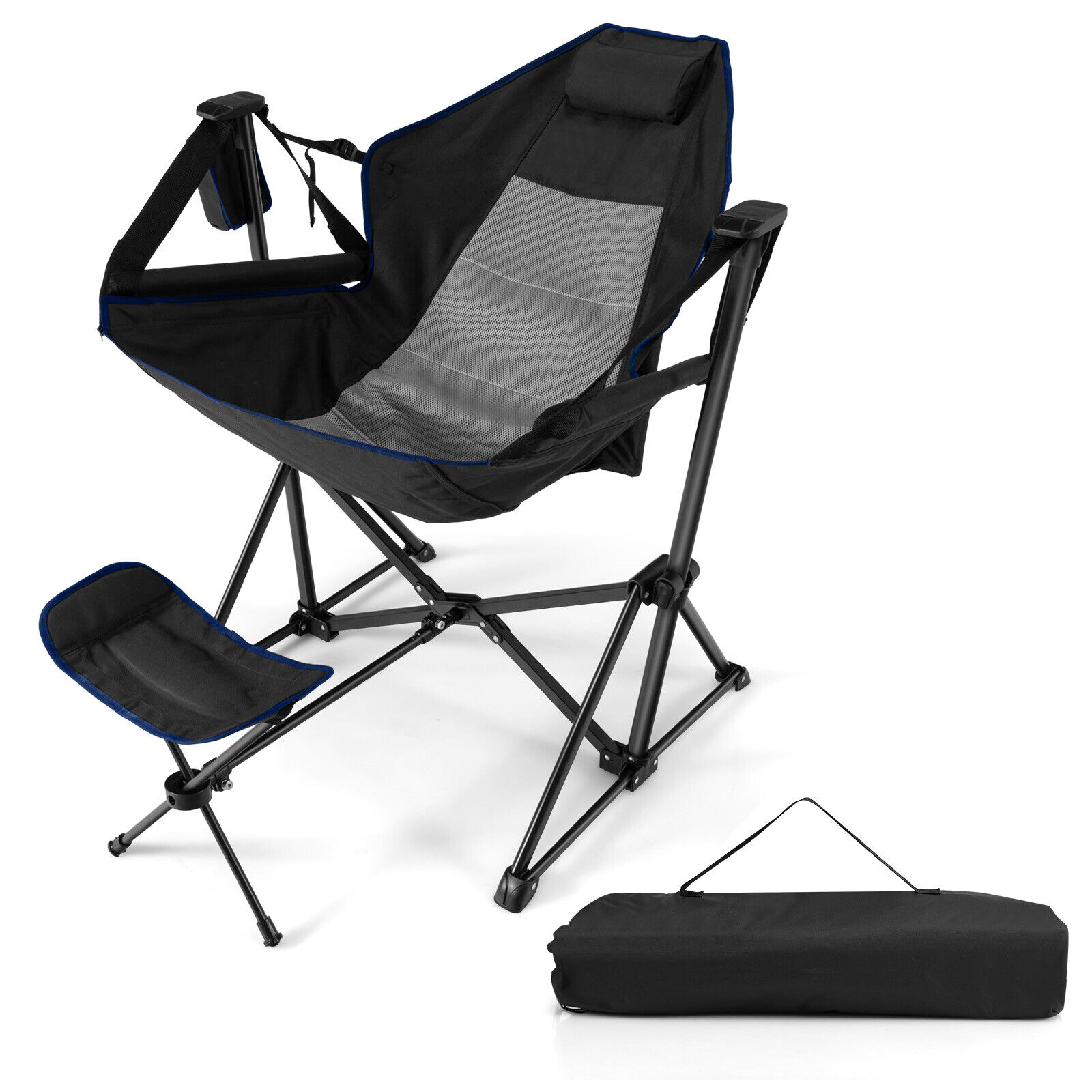 Slickblue D-CO-KB00801PN PVC Polyester Black/ Navy Folding Hammock Camping Chair (Adjustable Footrest and Carrying Bag) for Camping Fishing Backyard Lounging