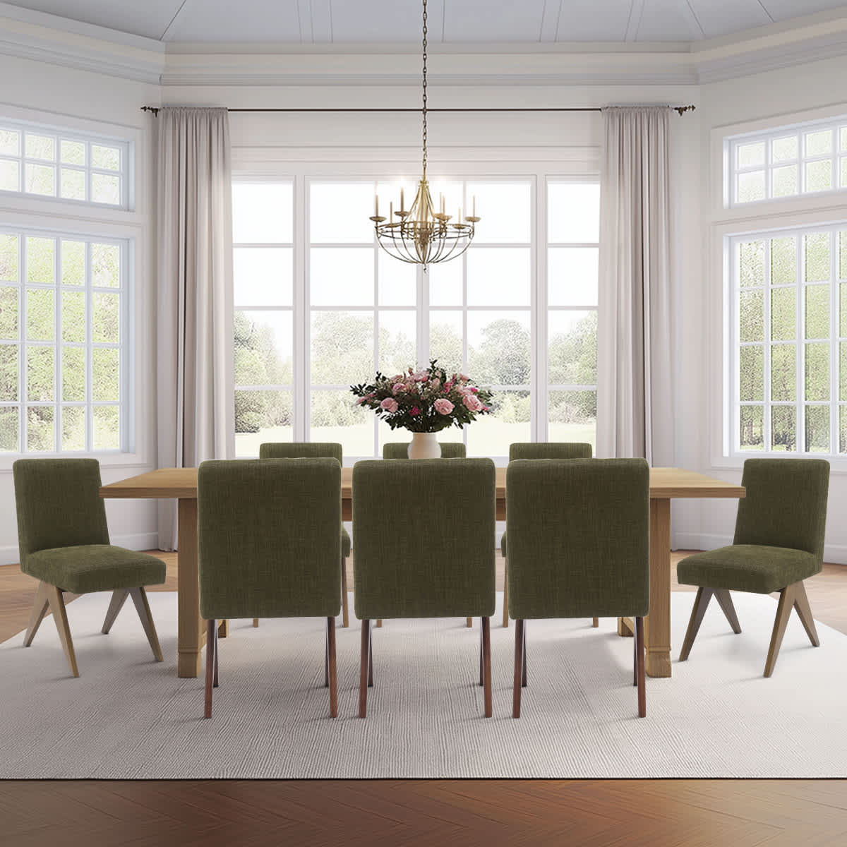 Maison Boucle Set of 8 Olive Green Upholstered Dining Chairs with V-Shaped Rubberwood Legs in Walnut Finish