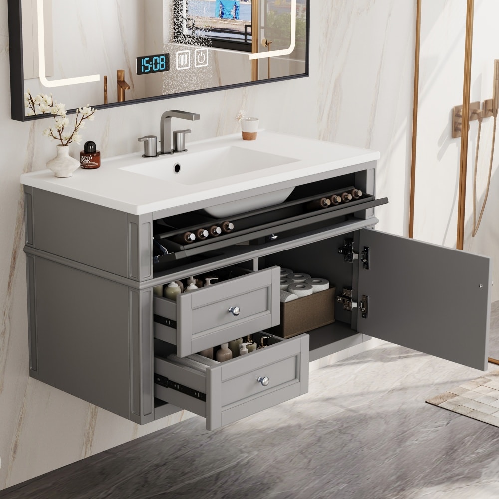 JUJABU Gray 36in Wall Mounted Bathroom Vanity Floating with 2 Drawers 3 Holes Single Ceramic Sink