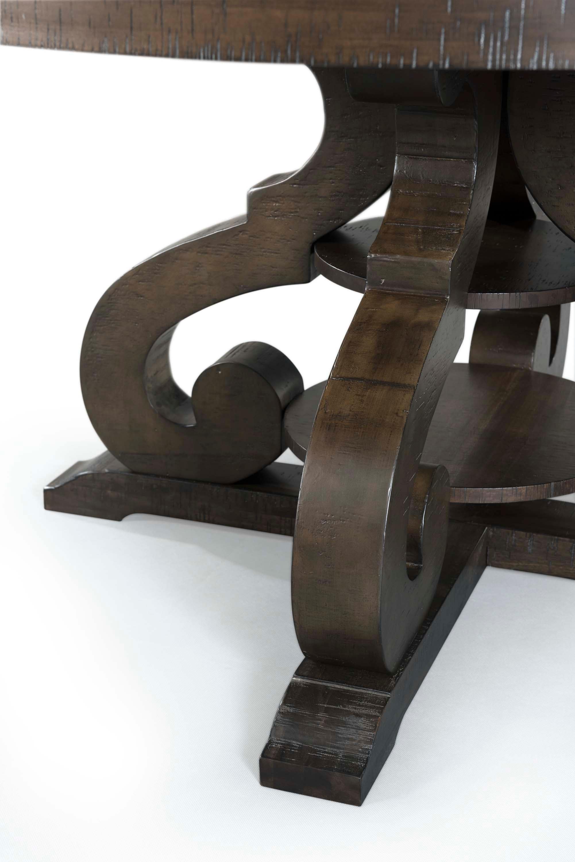Stanford Gray Round Wood Dining Table with Intricate Trestle Base