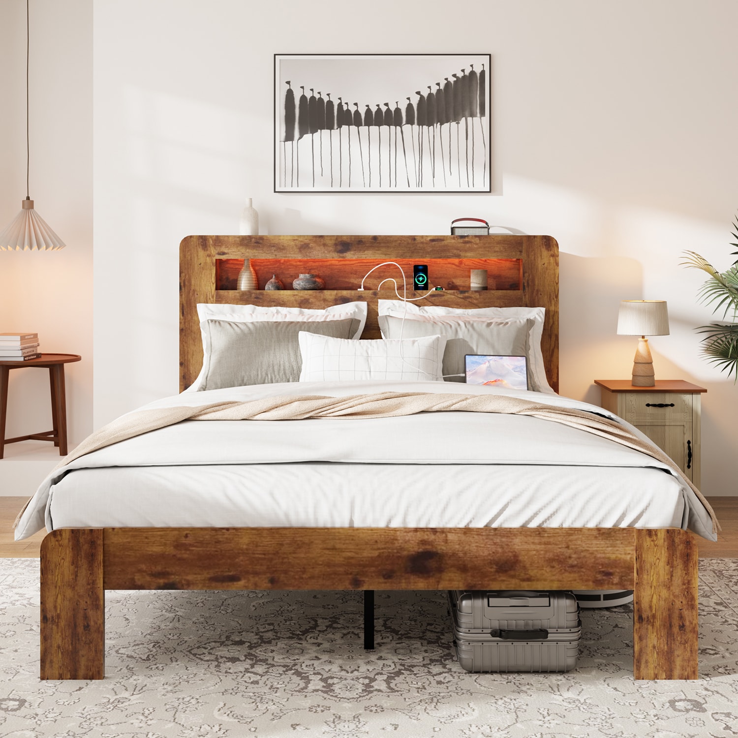 GZMR GZ-JH0002Q King Size Wood Platform Bed Frame with Storage LED Light Dark Brown King Wood and metal Bed frame Bed with Storage