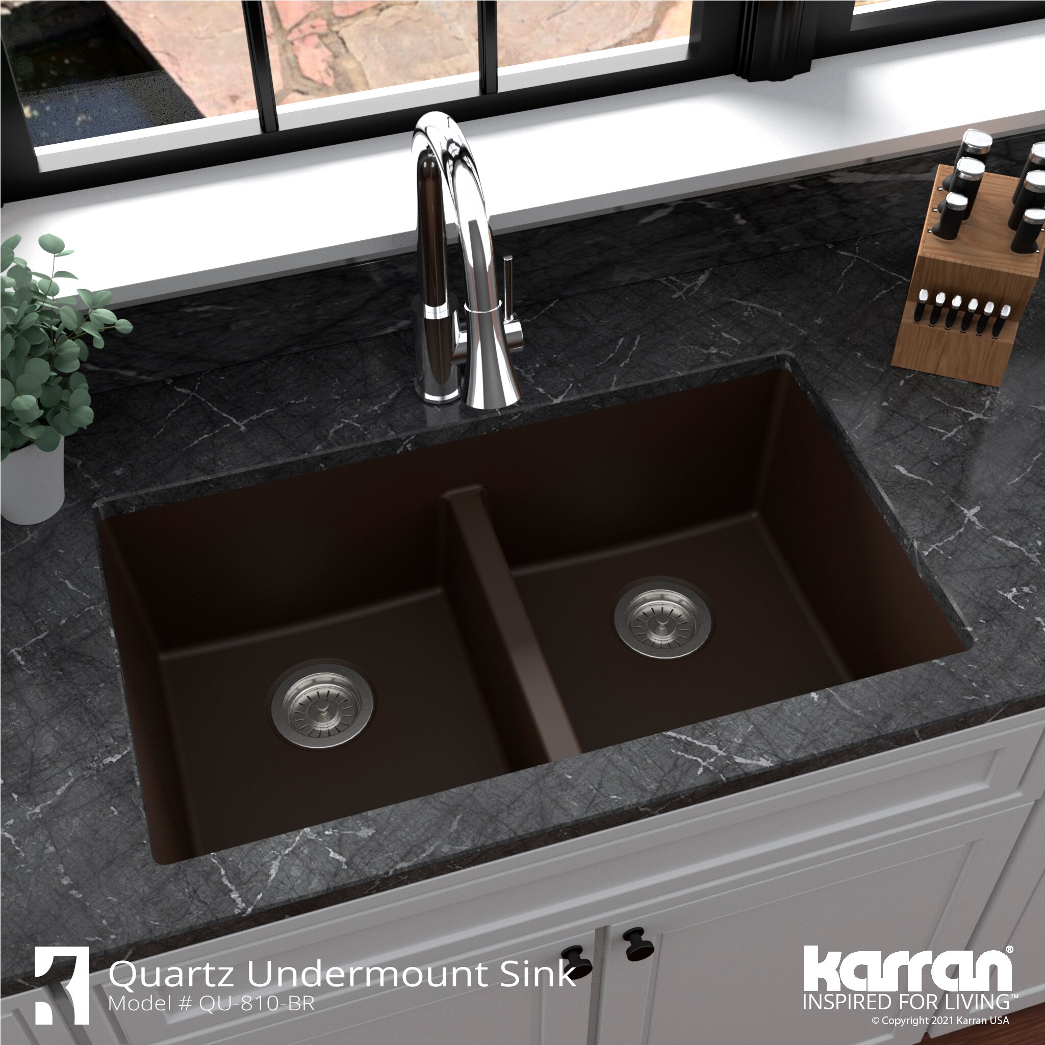 Karran QU-810 32 Undermount Double Equal Bowl Quartz Kitchen Sink in White