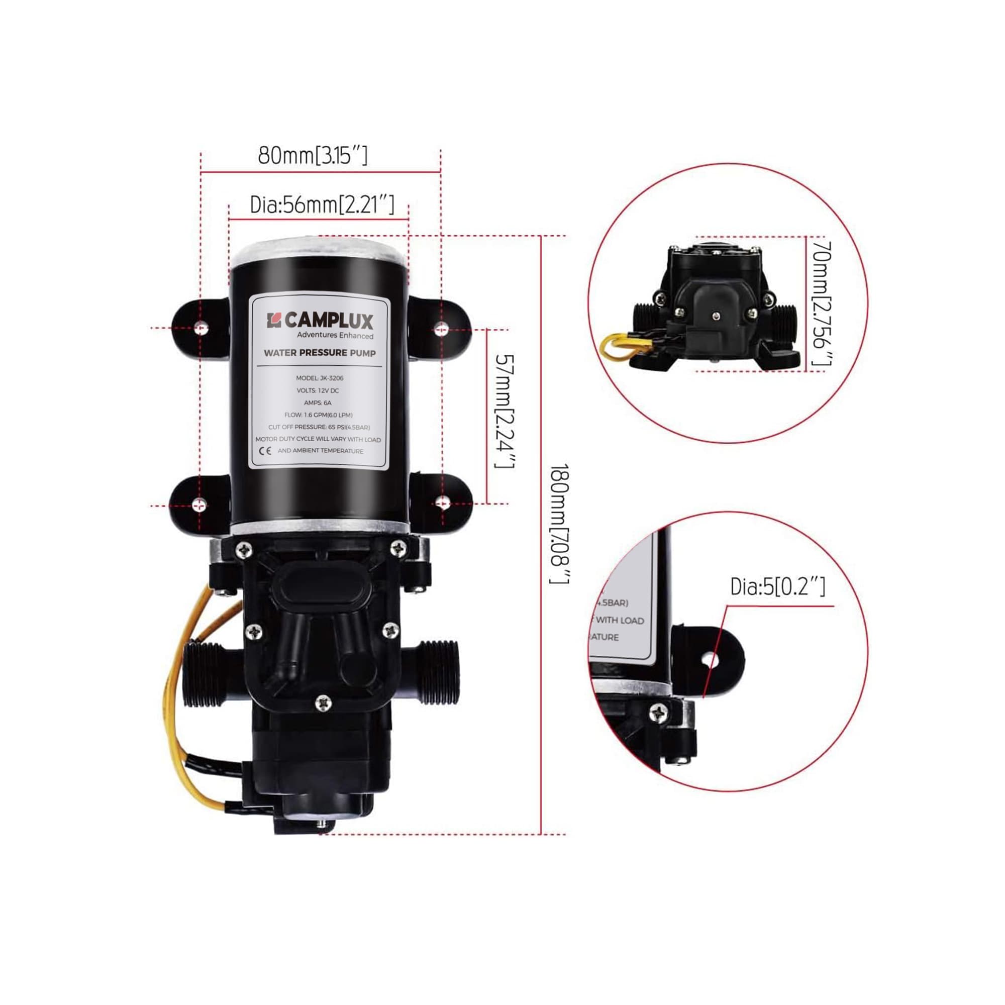 Camplux 12V Black Diaphragm Water Pump 65PSI 1.6GPM