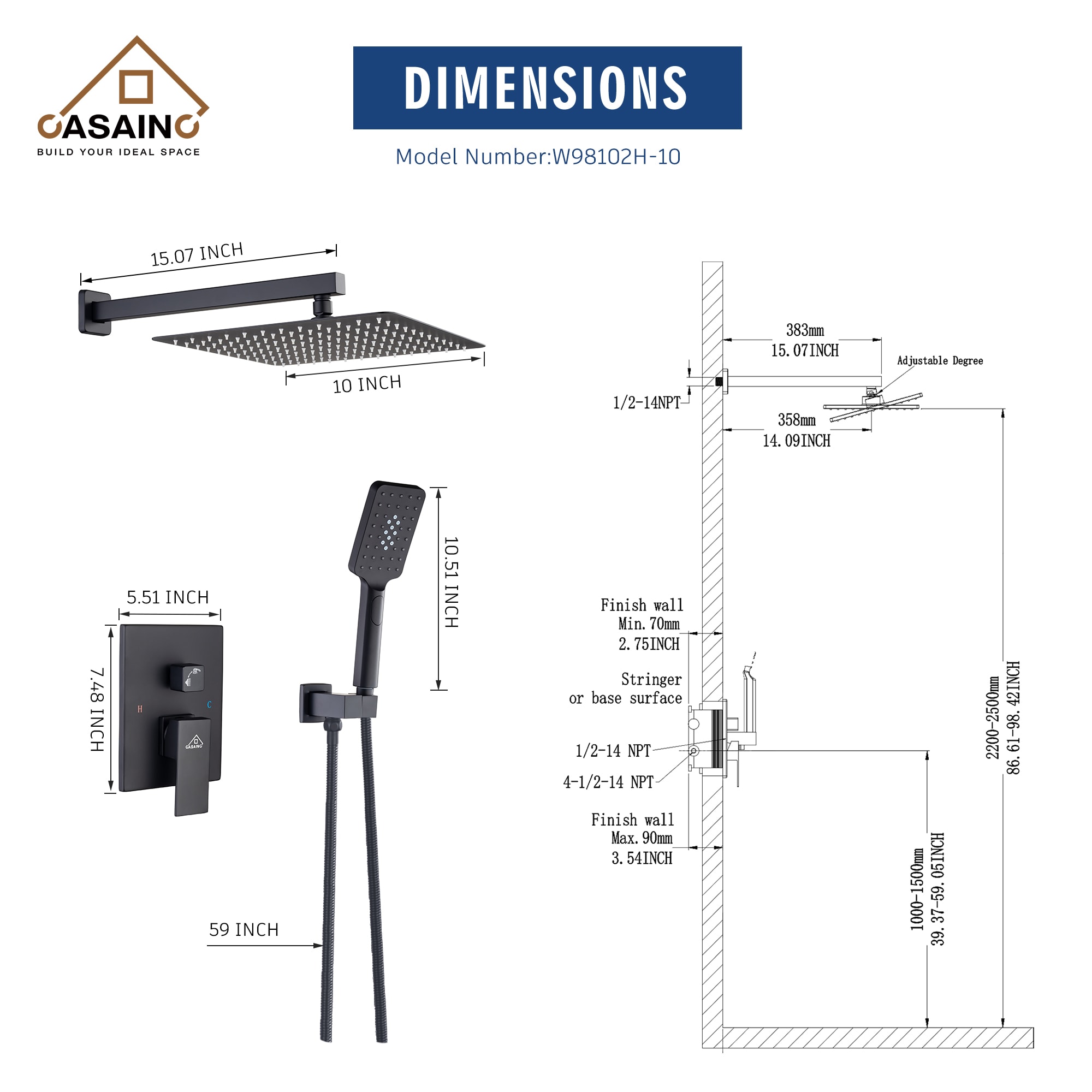 CASAINC WFW98102H Showerhead-Bar-Panels - View #2