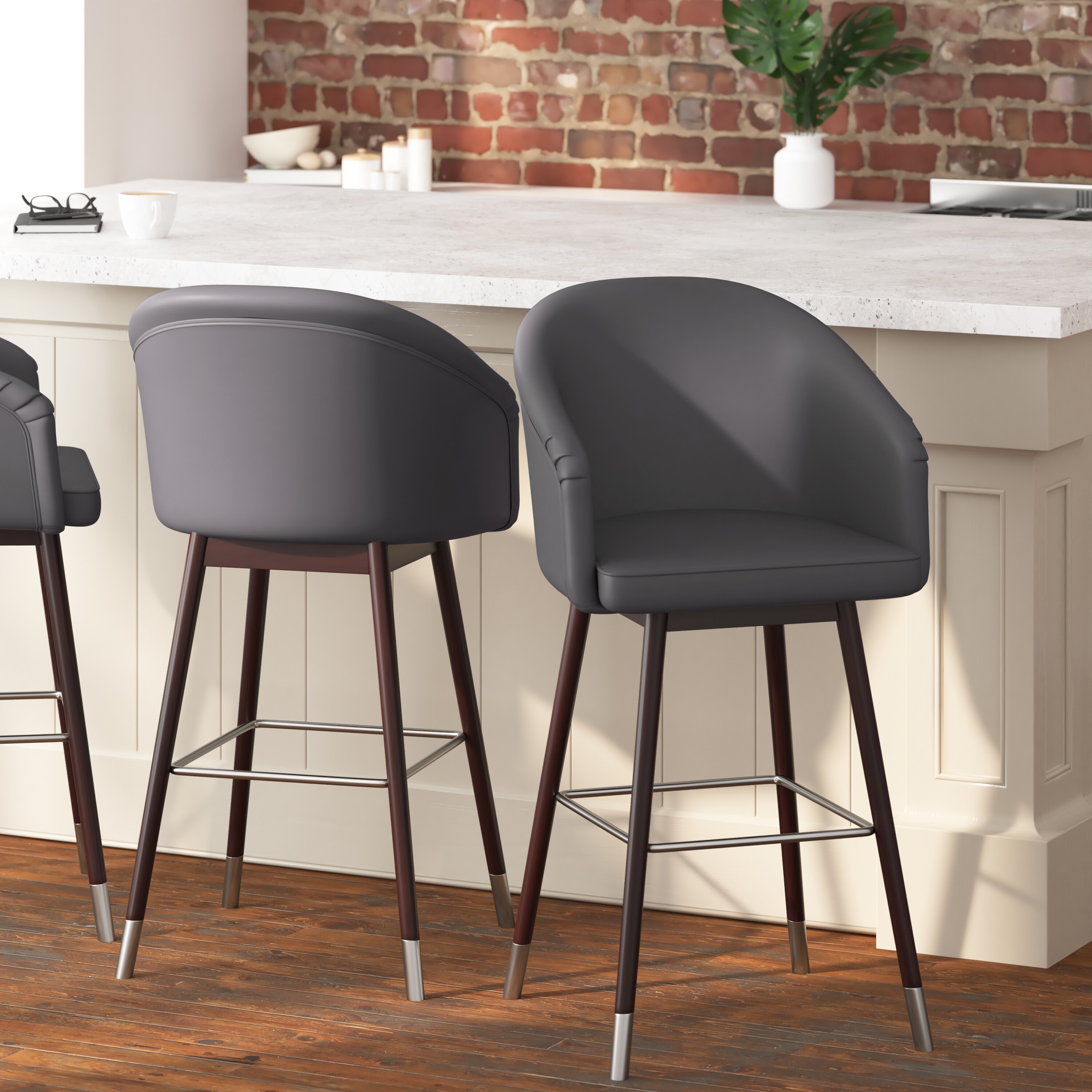 Taylor & Logan 196861086687 Brida Set of 2 Gray 30-in H Tall Upholstered Wood Back Bar Stool with Arms and Back