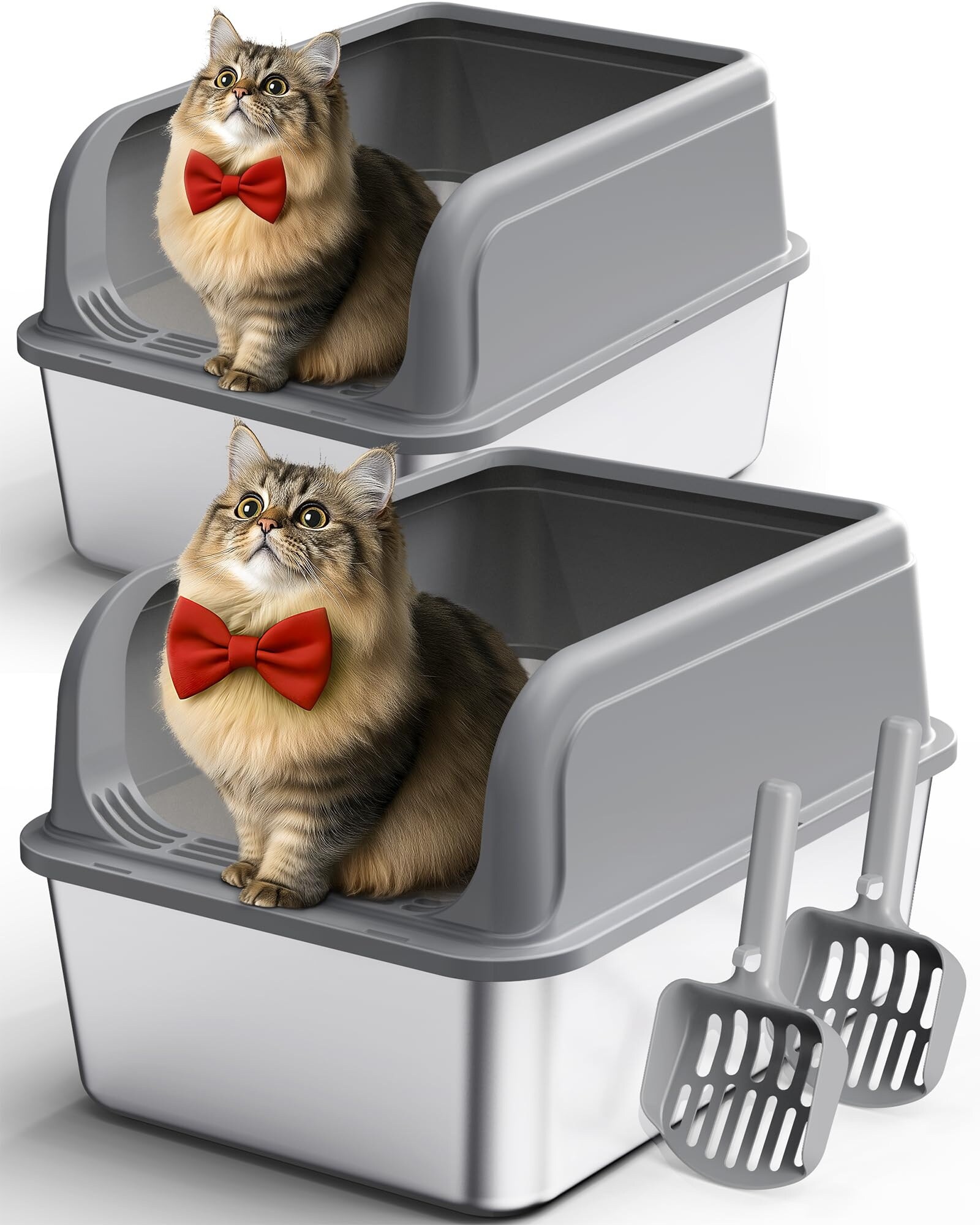 AOIZGMY - Stainless Steel Cat Litter Box 2 Pack Easy Clean Non Stick Metal Litter Box with Scoop...