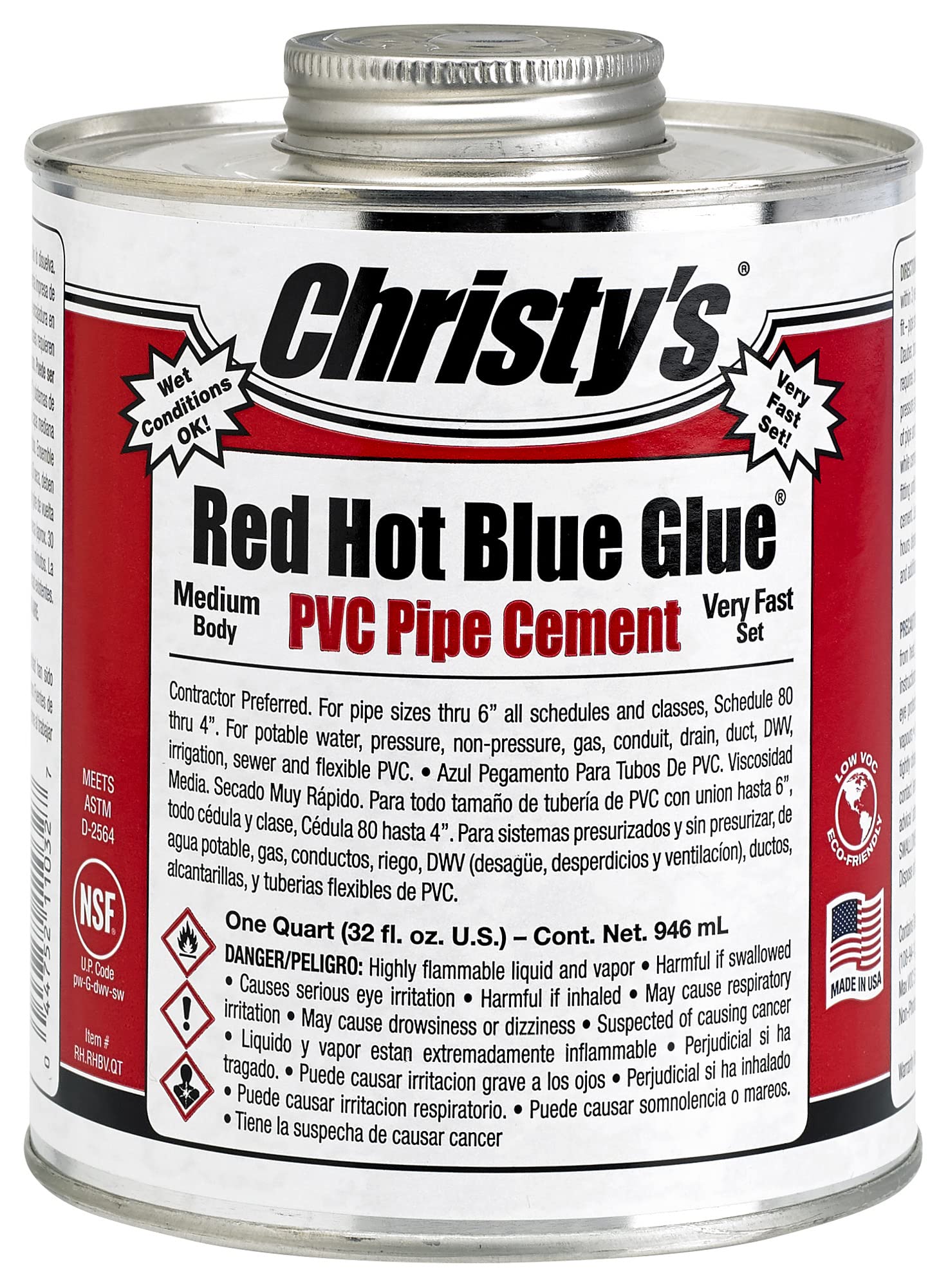 Christy's  Red Hot Blue PVC Cement Medium Body Very Fast Set Low-VOC 1 Quart (32 fl oz)