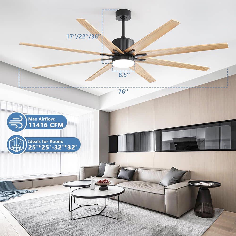 JUJABU FAN-7 Natural 76 Inch Indoor Ceiling Fan With Dimmable 3 Color Led Light 8 Solid Wood Blades Remote Control For Home