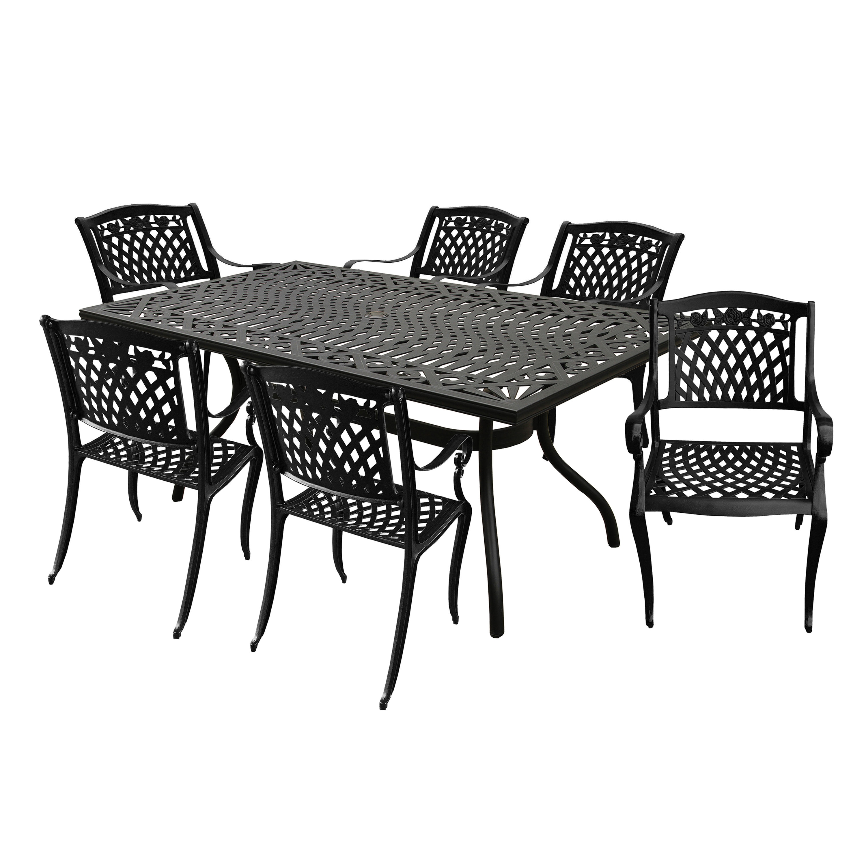 Oakland Living 1827-1855(6)-LBK Cast Aluminum Weatherproof Patio Dining Set 7 -Piece Black Patio Dining Set Aluminum Rectangle Table with 6 Stationary Chairs