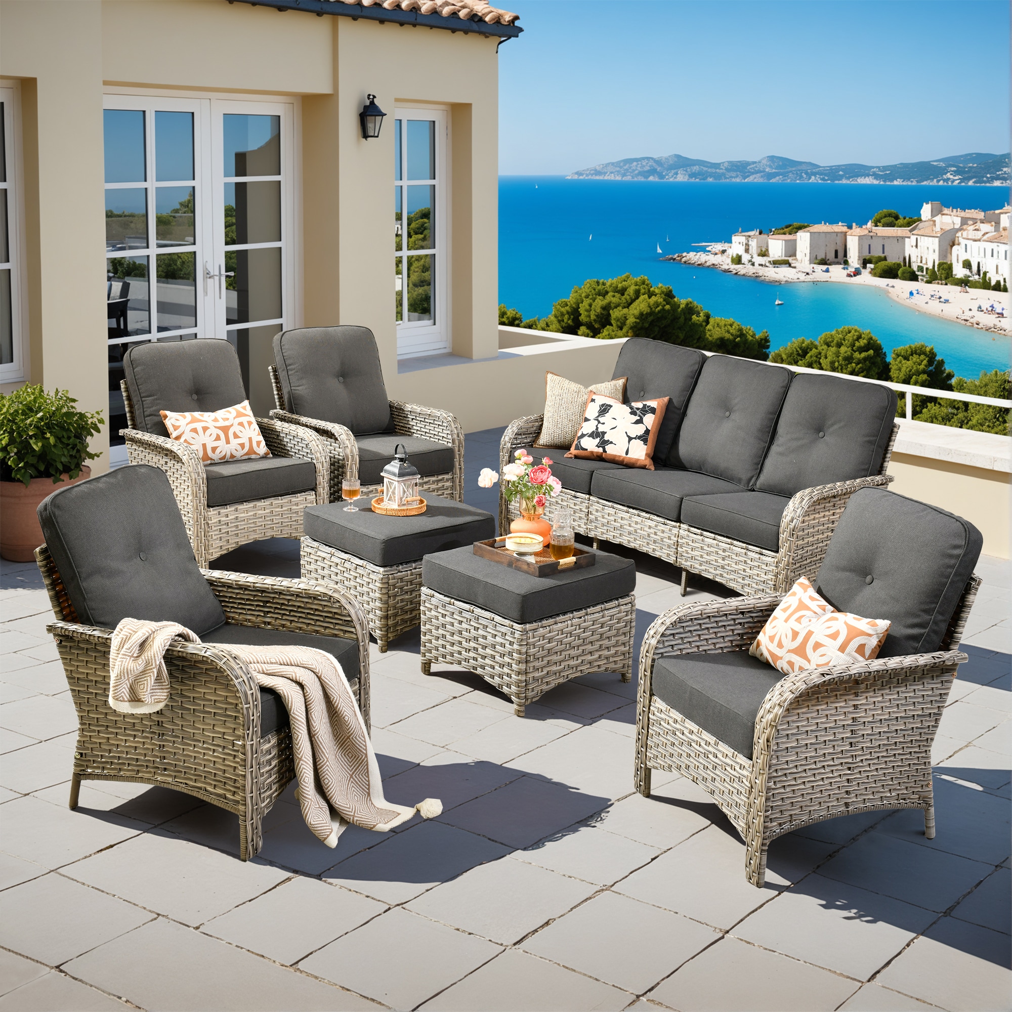 Pouuin SVNC107 7 -Piece Wicker Patio Sofa Conversation Set with Black Cushions