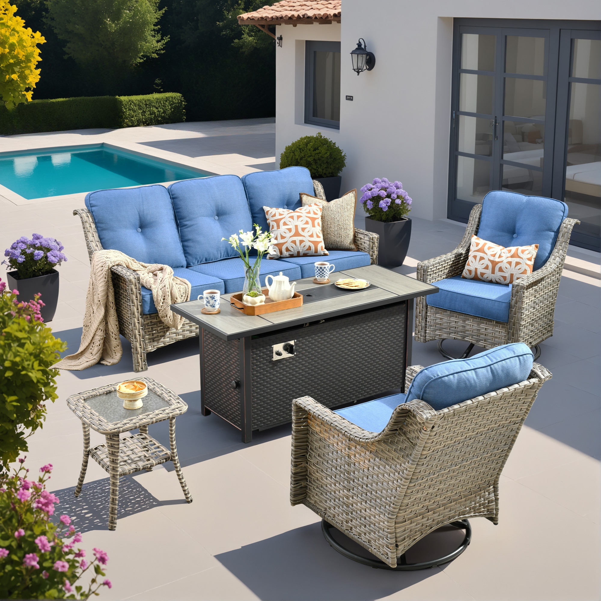 Ovios RFP5PD504Y 5 -Piece Rattan Patio Sofa Conversation Set with Blue Cushions