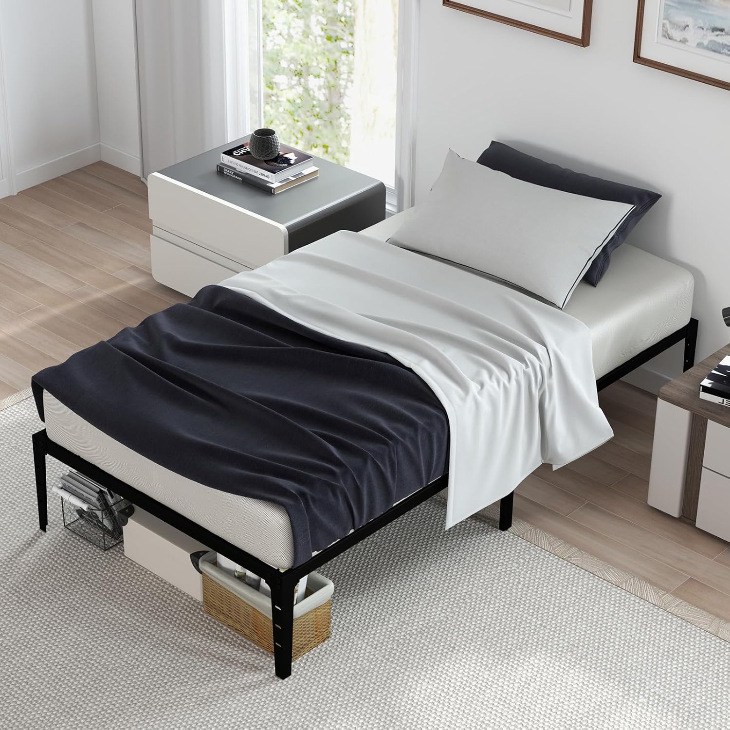 Qeetex LHF-DYQ-PHO-0X3GVXIU GAOMON Twin Metal Bed Frame  14 Inch Storage Space No Box Spring Needed Platform Bed Frame  800 lbs Capacity Heavy Duty Mattress Foundation  Easy Assembly  Noise Free  Twin Size for Kids Apartment