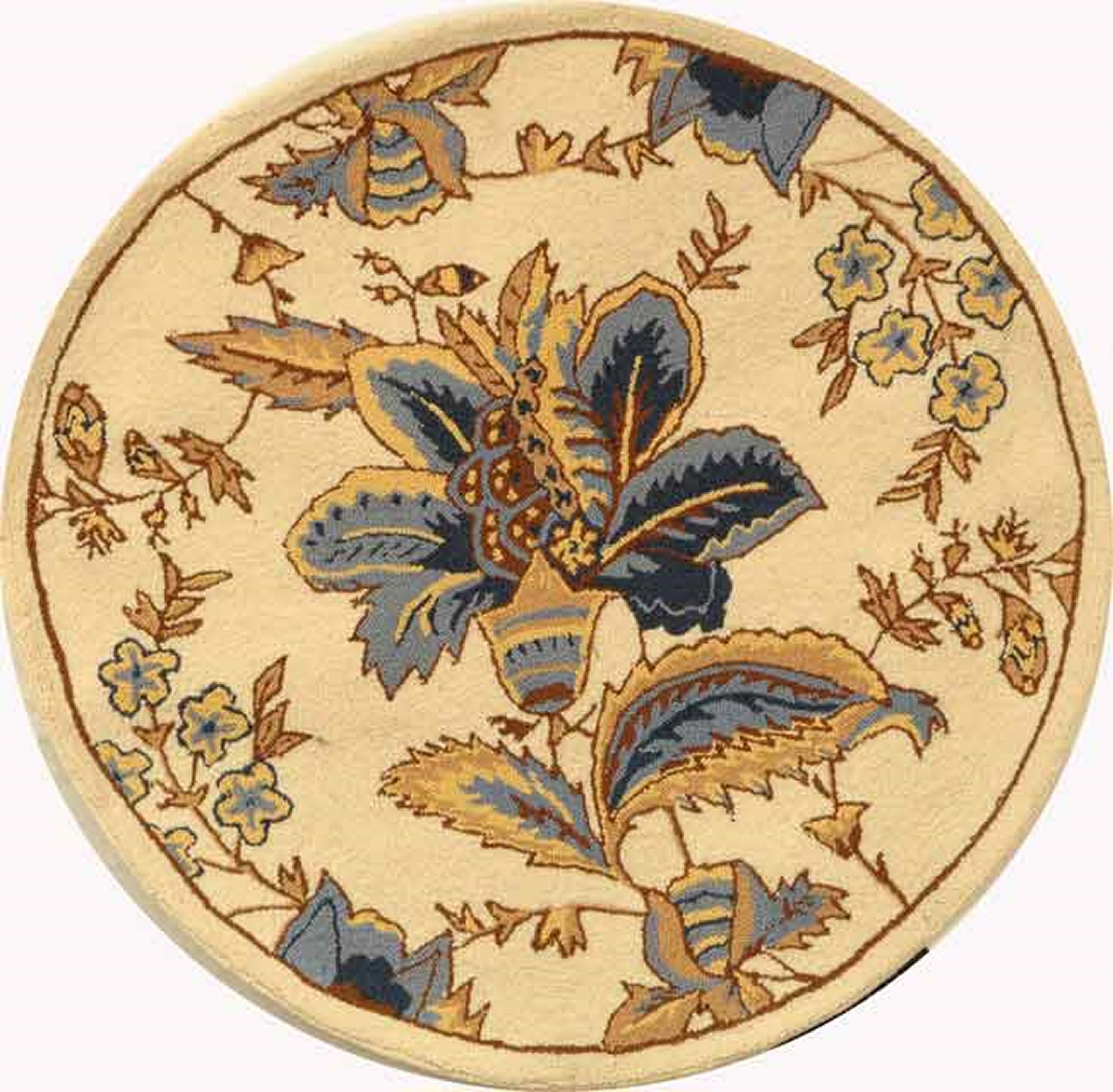 Ivory Floral Round Handmade Wool Area Rug, 3' x 3'