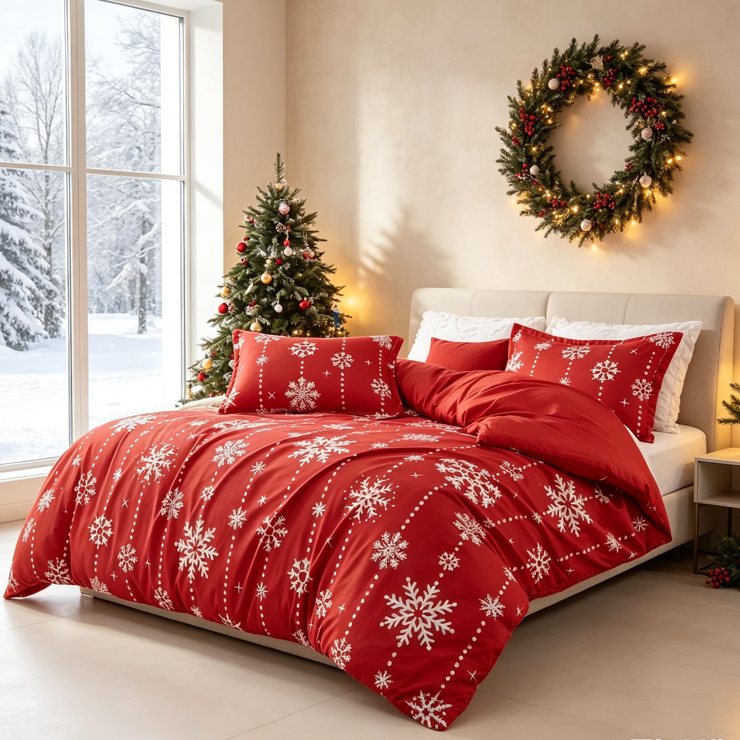 Garvee Christmas Duvet Cover 104W x 90L Inch Red Snowflakes Comforter Cover Set Holiday Reversible Decorative Bedding