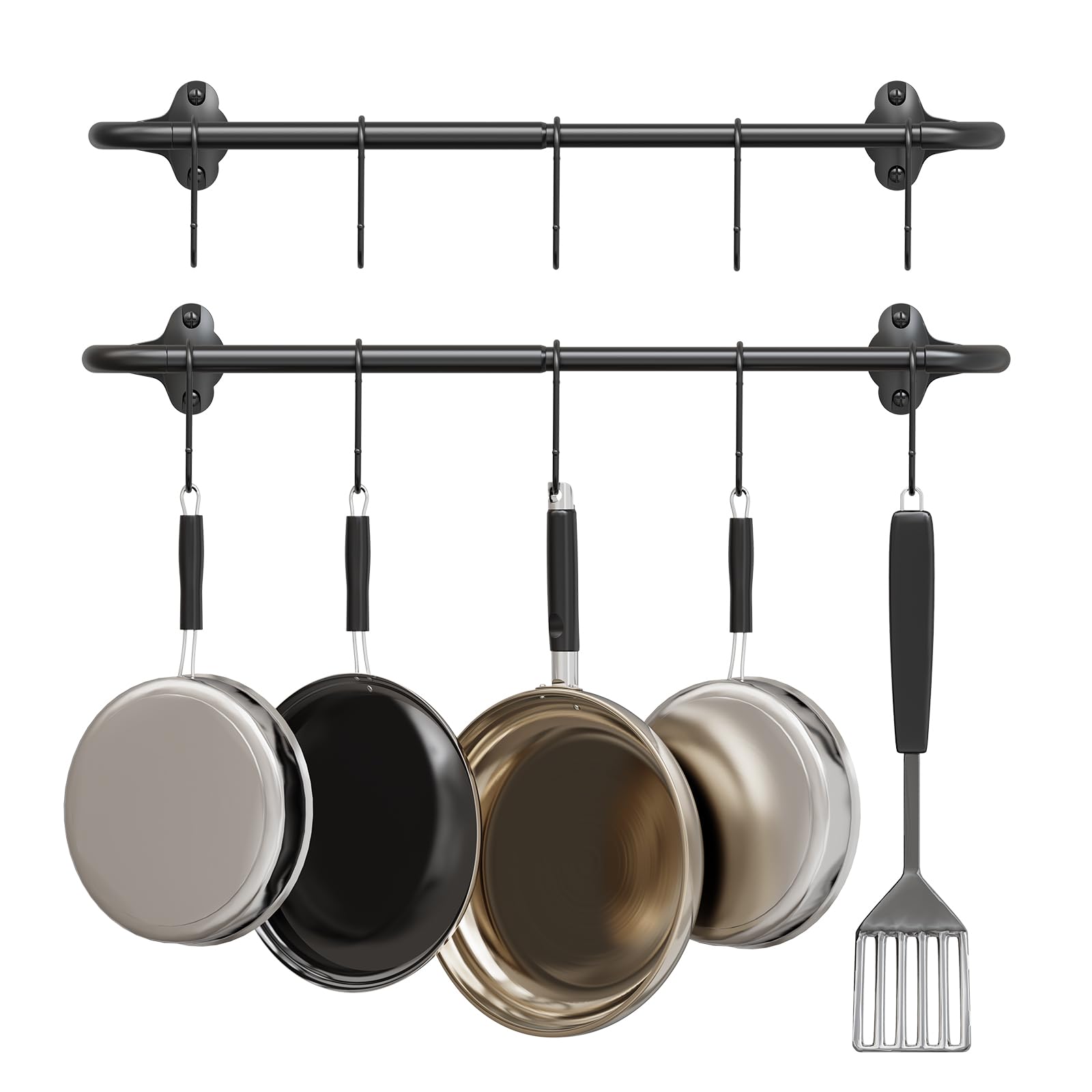 UUDULY  2 pack wall mounted pot pan rack heavy duty iron kitchen organizer 32 inch adjustable rail with 10 hooks for pots pans lids utensils