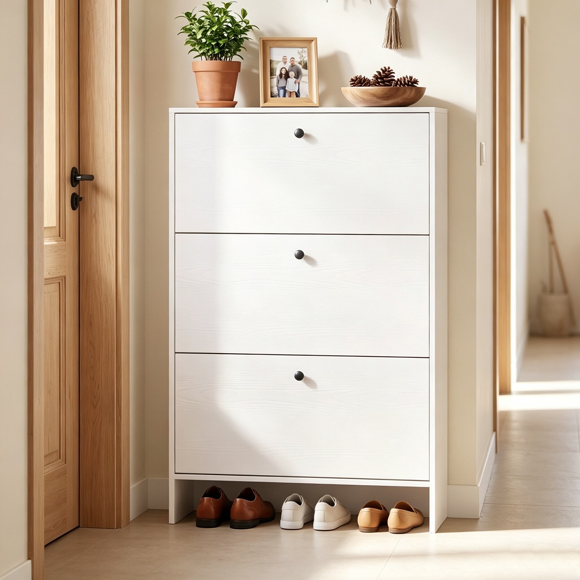 GarveeLife Slim Shoe Cabinet for Entryway with 3 Flip Drawers Hidden Shoe Organizer for Hallway Foyer Apartment Modern Wood Shoe Rack