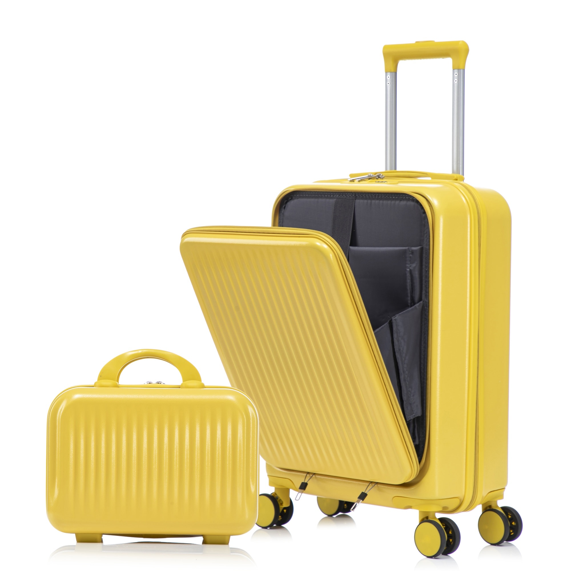 HyperDrop Cart 14x20 Inch 2-Piece ABS Front Opening Spinner Luggage Set with 14 Inch Cosmetic Case and Combination Lock Yellow