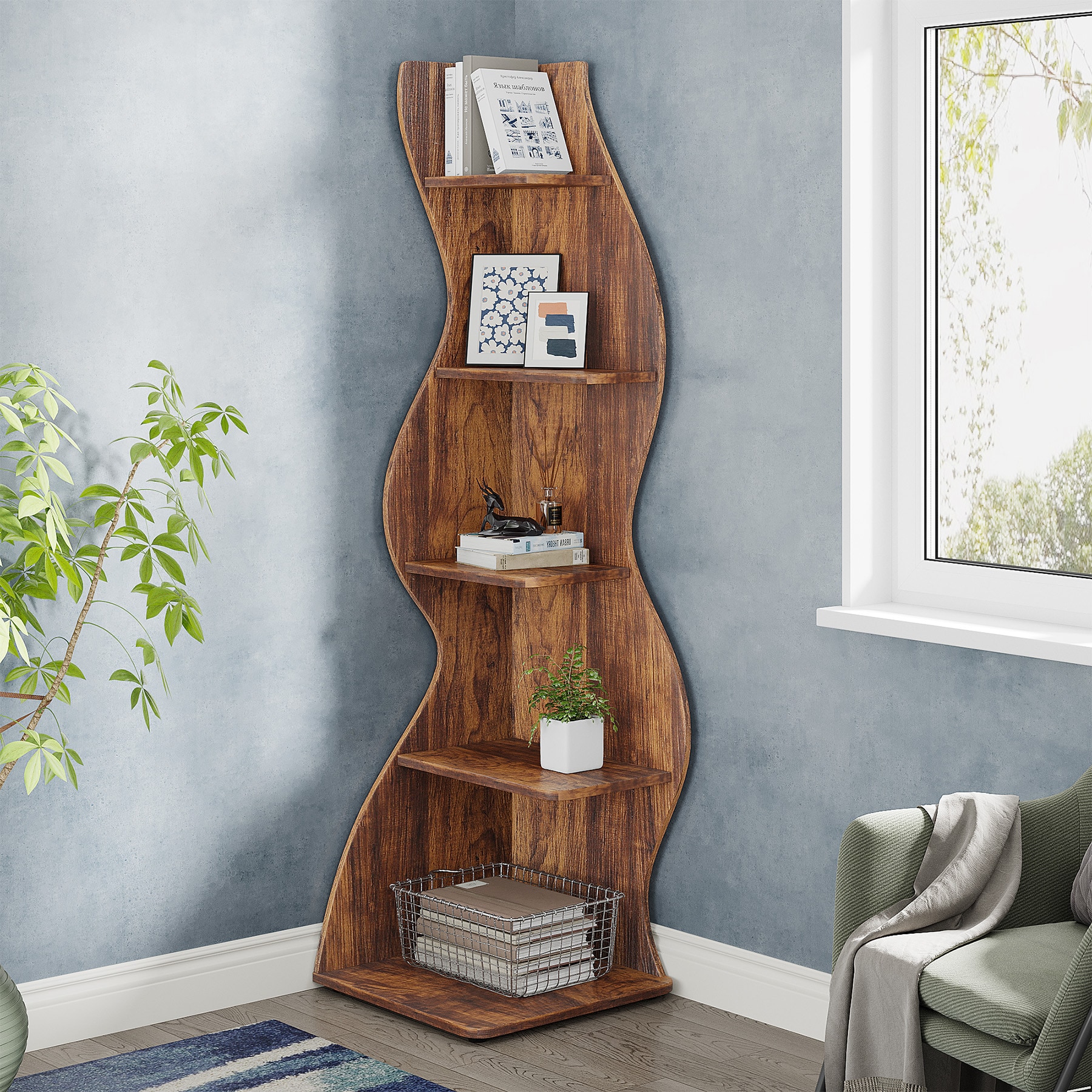 Tribesigns HOGA-J0189X Seagrass-Like Design Brown MDF 5 -Shelf Bookcase ( 18.8-in W x 69.8-in H x 19.6-in D ) Finished