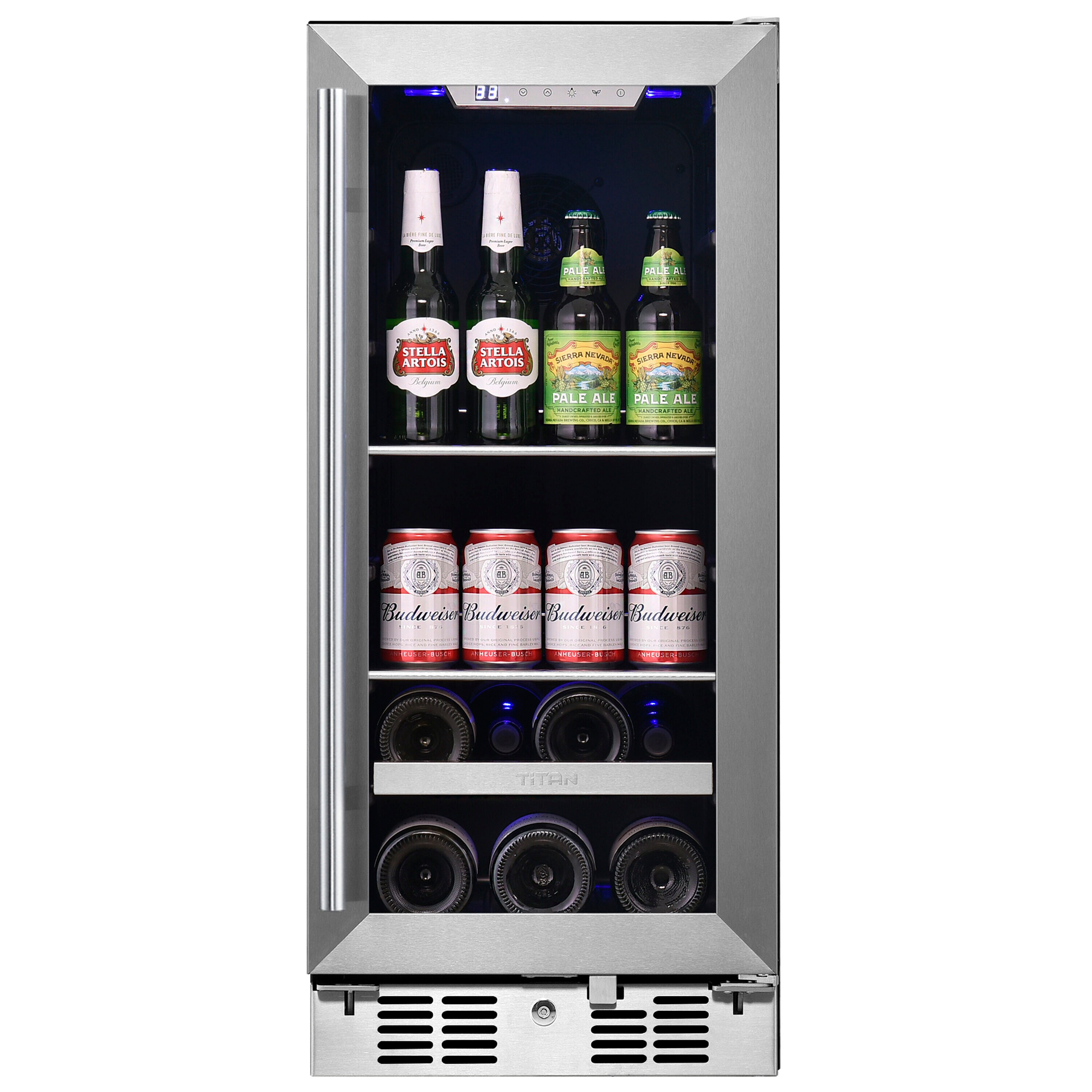 Titan SS-BW154807SZ 14.96-Inches W 55 -Can Capacity stainless steel Built-in/Freestanding Indoor Beverage Refrigerator with Glass Door