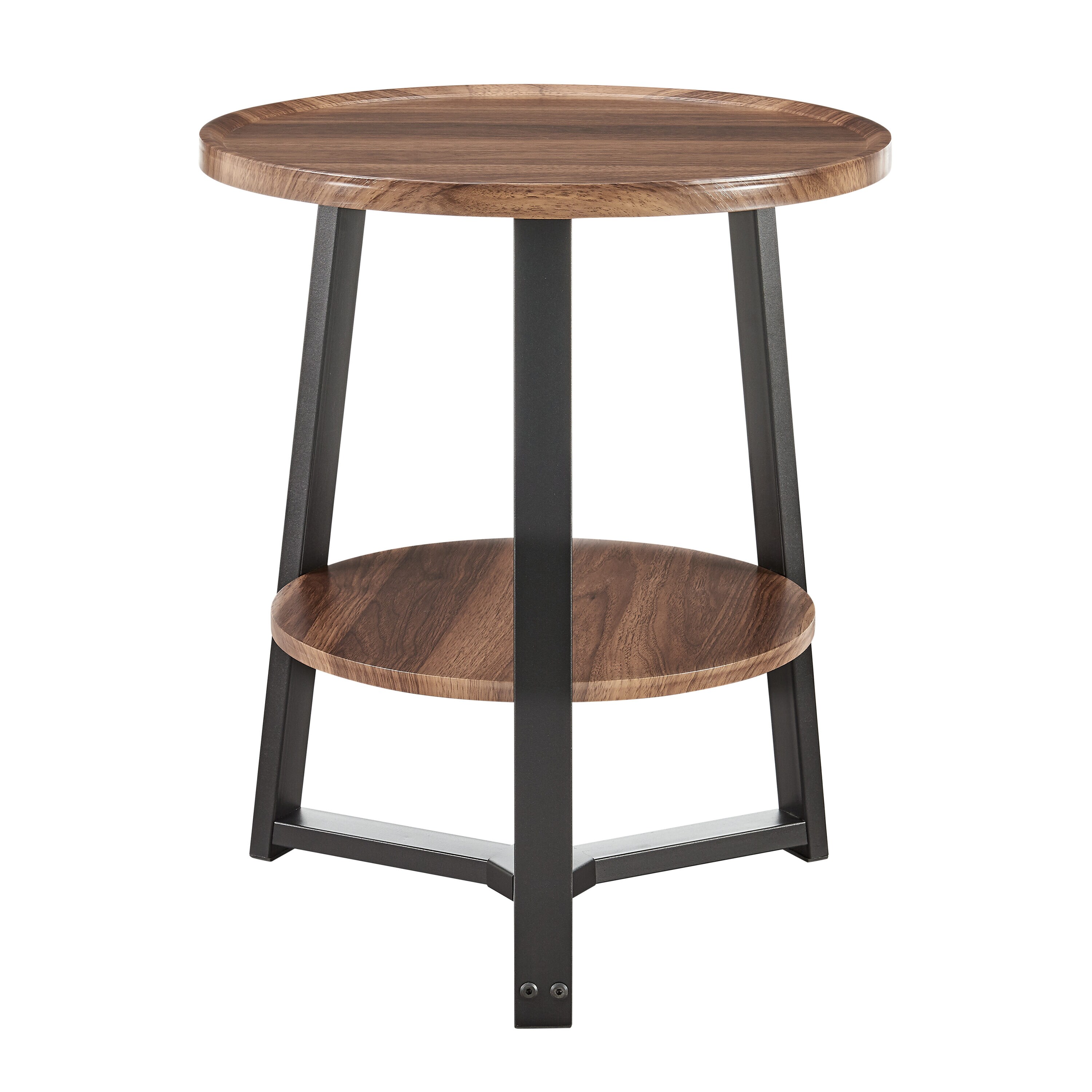 Walnut and Black Round Two-Tier Accent Table with Metal Legs