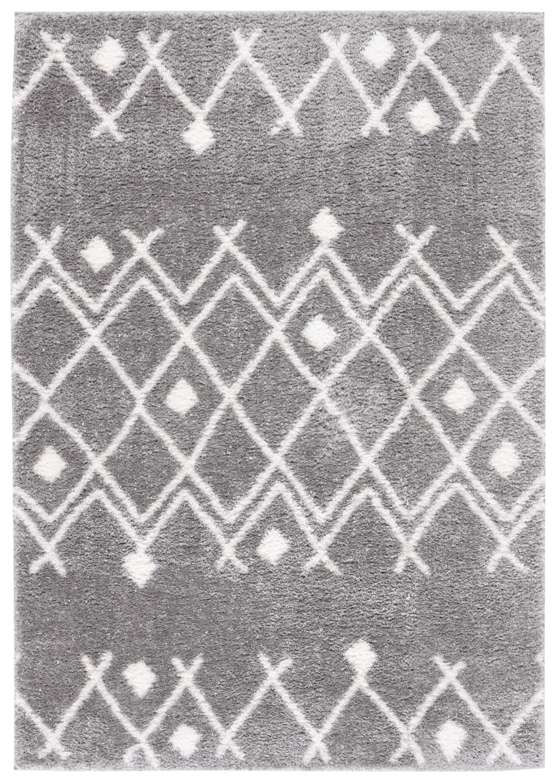 Gray Geometric Hand-knotted Shag Rug, 5' x 7'