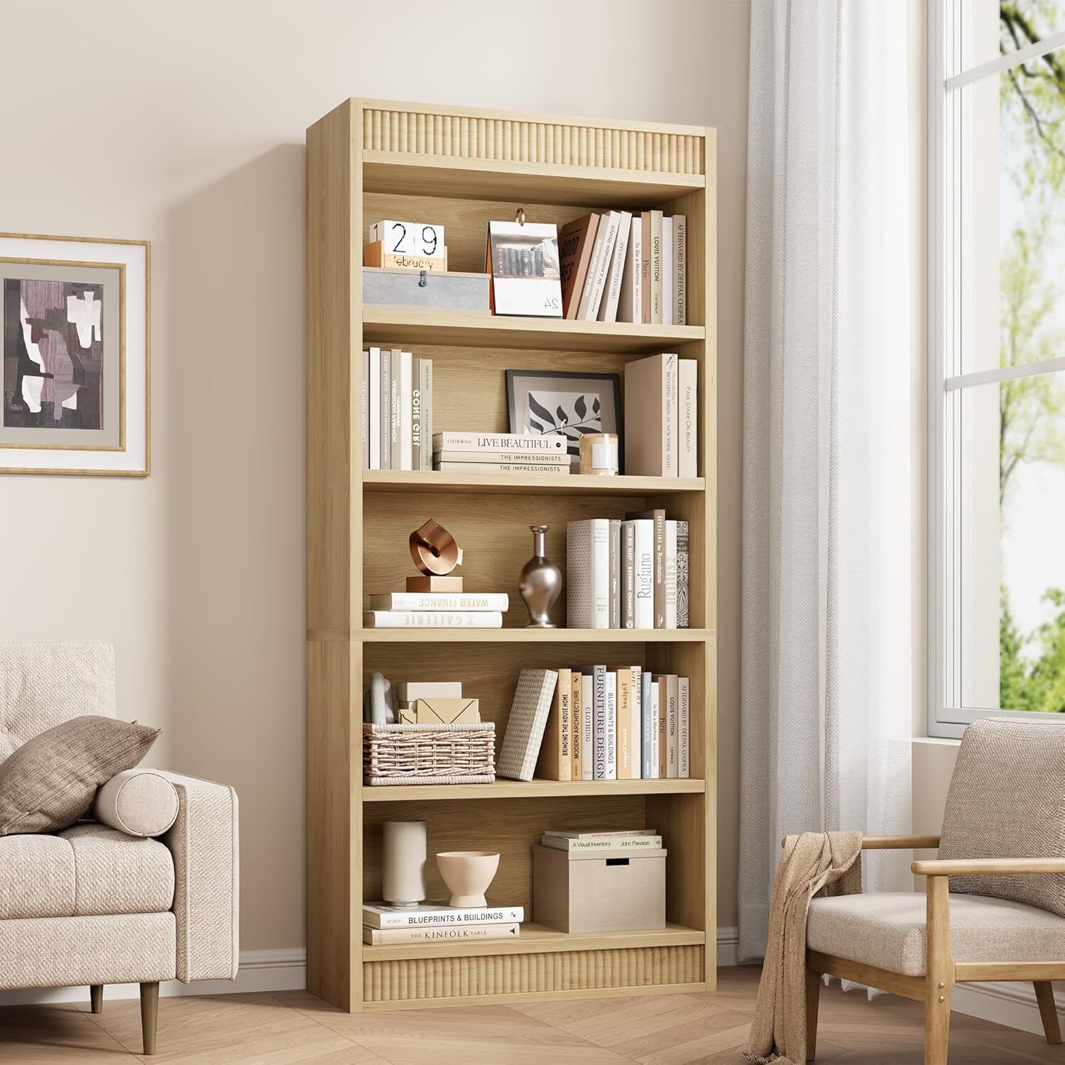 Qeetex GGL-PHK-34RTJH9E 71inch Tall Bookcase wDisplay Rack Fluted Design 5 Tier Farmhouse Bookshelf with Wood Base Wood Bookshelf Rustic Vintage Book Shelf for Office Library-Nature