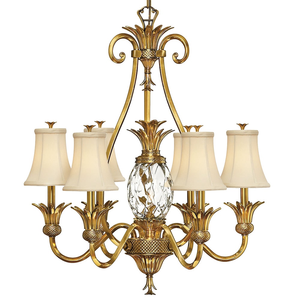 Elegant Burnished Brass 7-Light Chandelier with Ivory Silk Shades